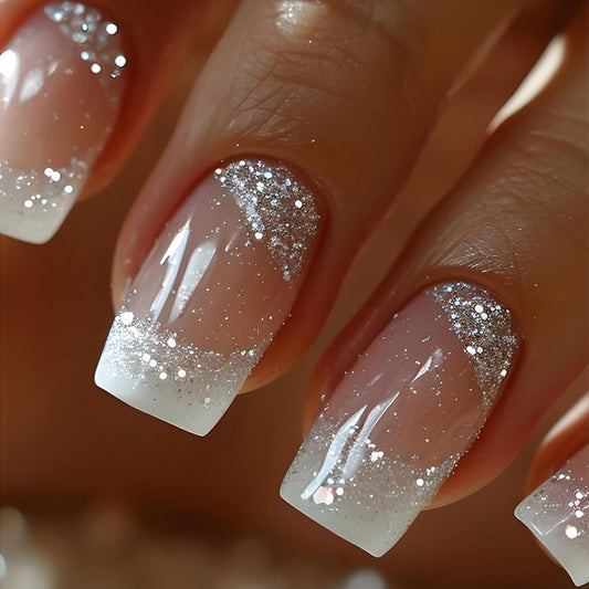 24Pcs White French Tip Press on Nails Square Medium Length Fake Nails White Ombre with Silver Glitter Designs Natural Glossy Artificial Acrylic Glue on Nails for Women Manicure Decoration
