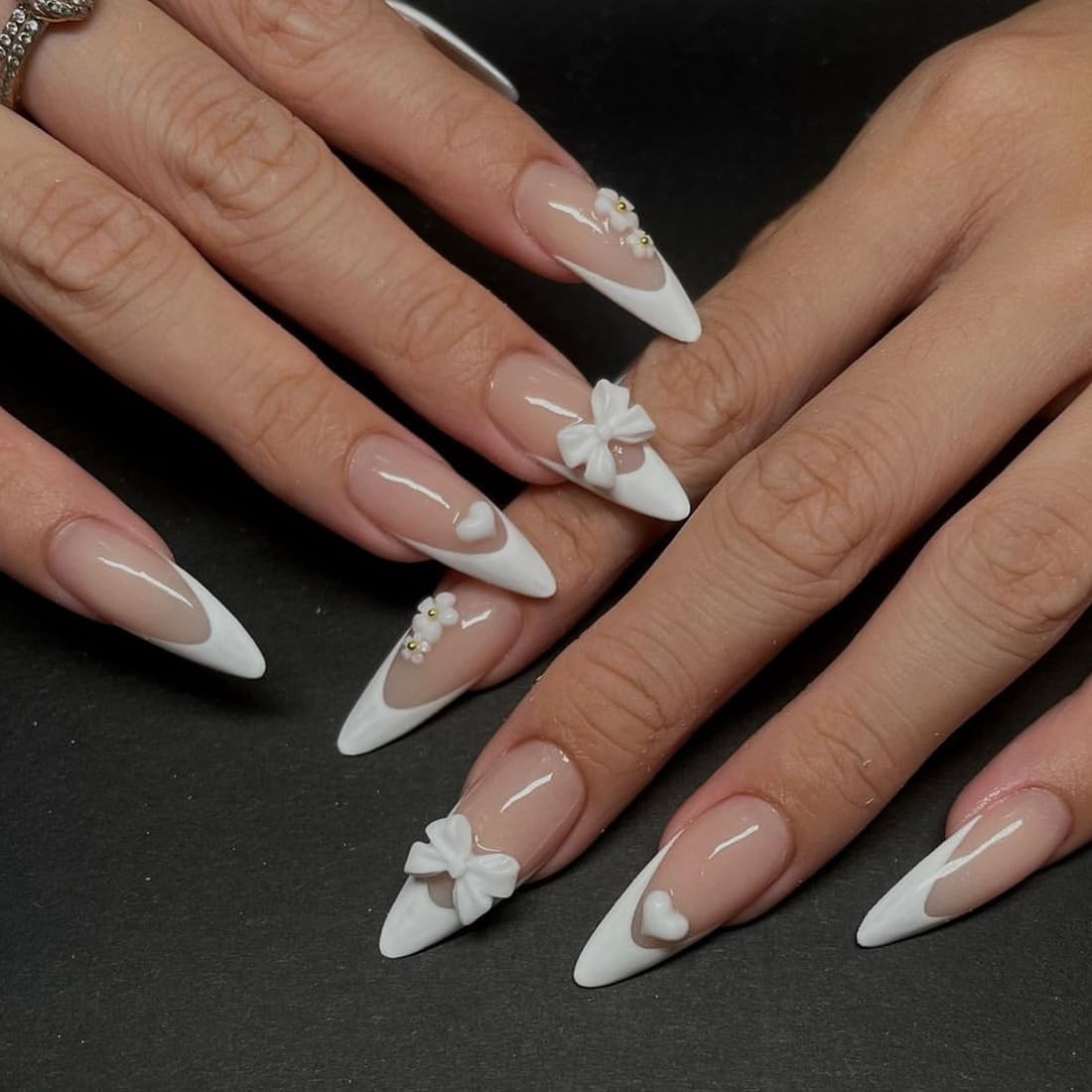 Ombre White Almond Press on Nails Short Medium Pink Fake Nails with Rhinestone Bling Designs Glitter Manicure Fake Nails False Nails for Wedding Fantasy Acrylic stick on nail for Women