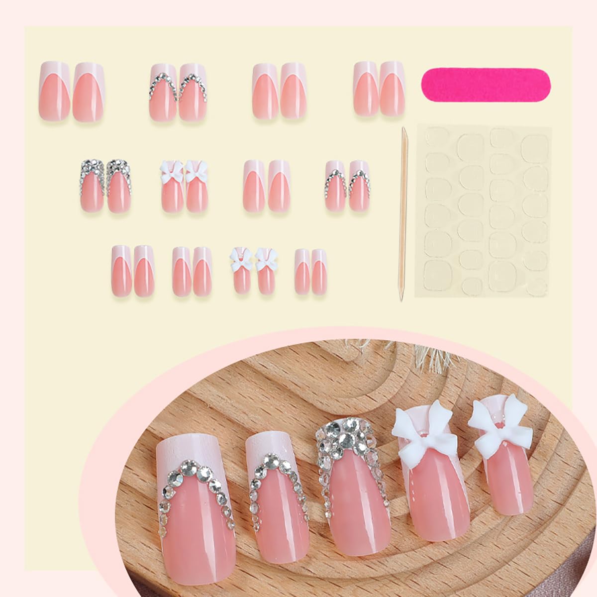 24 Pcs French Tip Press On Nails Long Coffin Almond Acrylic Full Cover Stick on Nails with Glitter Rhinestones Designs White Bow False Nails for Women Nail Art Decoration