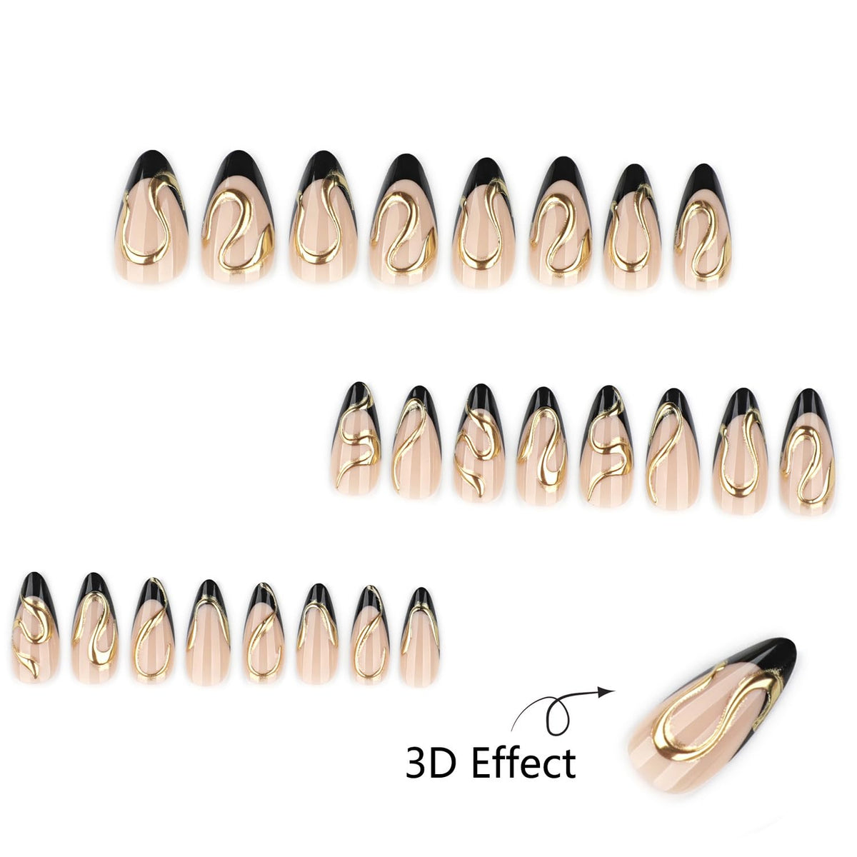 Black French Tip Press On Nails Almond Stiletto, Nude Glossy Fake Nails