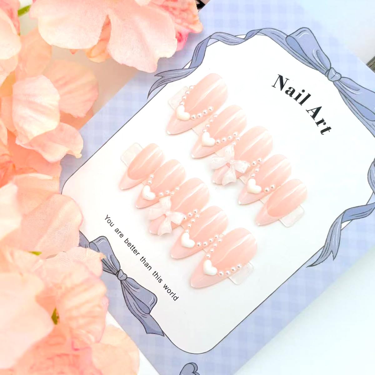 24Pcs White French Tip Press on Nails Medium Almond Fake Nails with Heart Pearl Design French Tip False Nails Cute 3D Bow Gems Stick on Nail Full Cover Reusable Glue on Nails for Women Wedding Daily