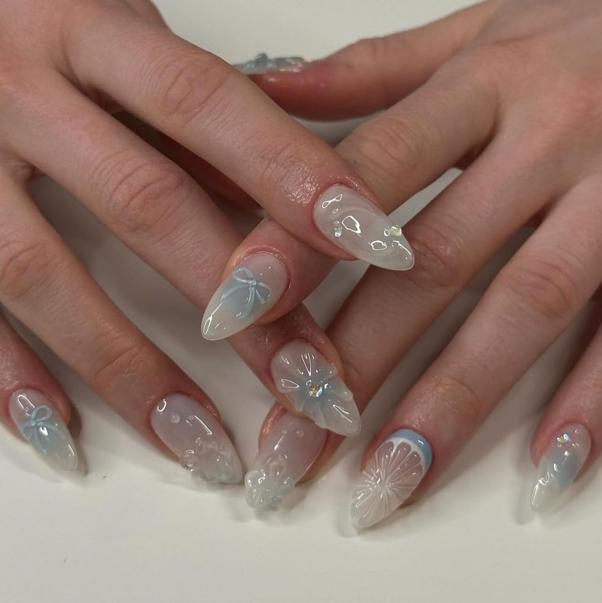 Almond Press on Nails Medium - Fall Fake Nails with Gold Line Design - White Full Cover Stick on False Nails - for Women 24 Pcs