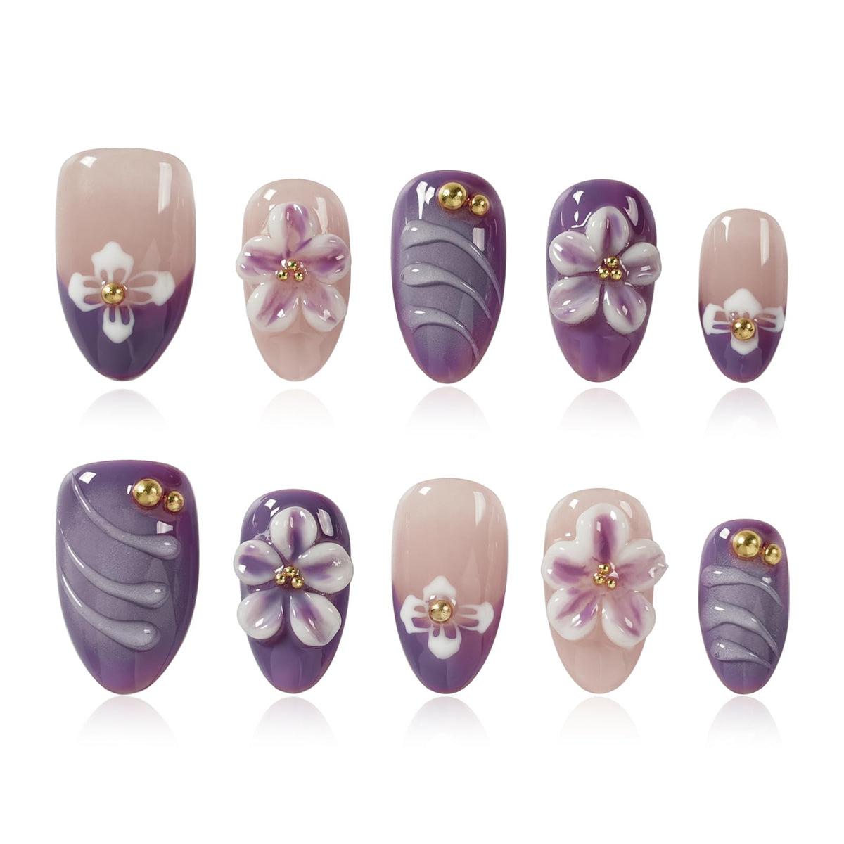 Gothic 3D Floral Press on Nails Medium Almond - Gold Cross & Rhinestone Design, Handmade Pearl Luxury Dark Romantic Reusable Nails (Orange Diamond Sweet Luxury,L)