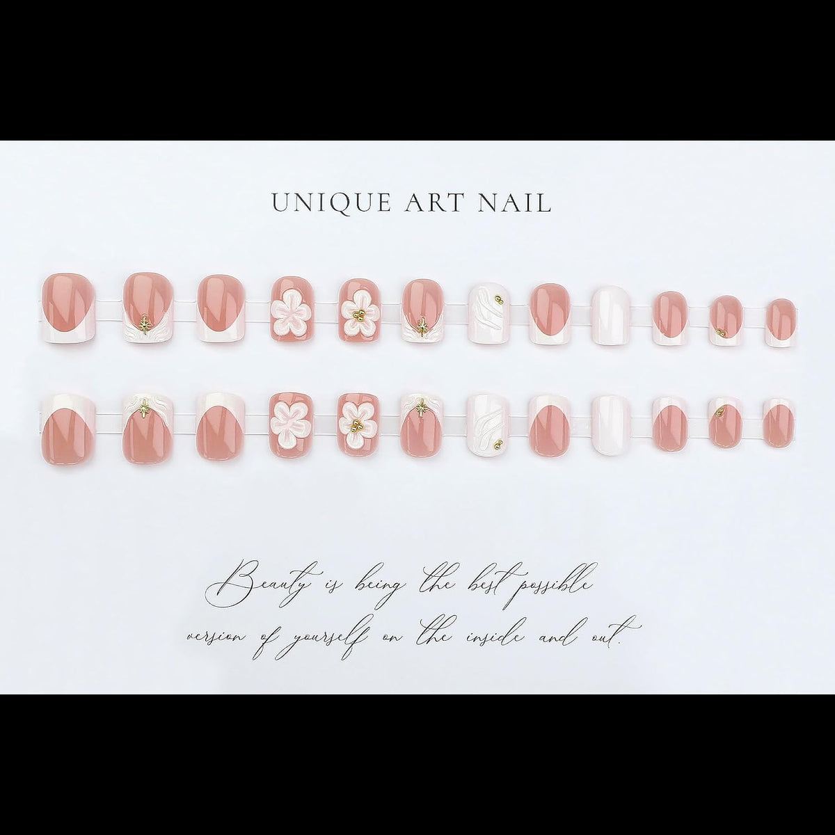 Short Square Press on Nails French Tip | Acrylic White Flower False Nails with Gold Rhinestones Design, Glossy Press Ons Stick on Glue on Nails for Women 24Pcs