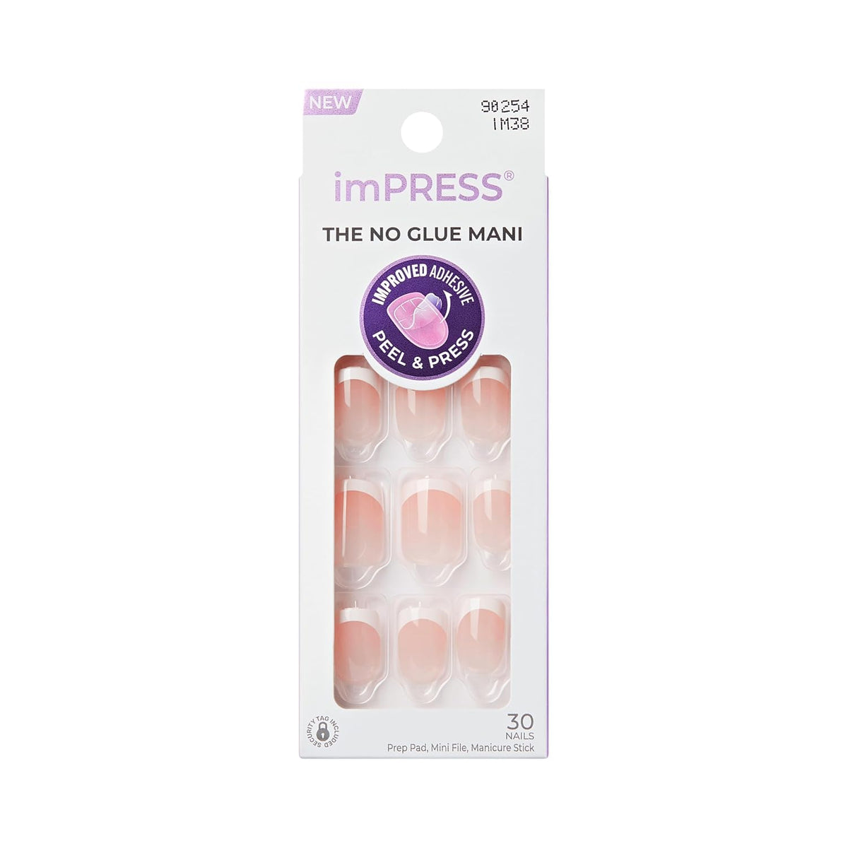 Kiss Impress No Glue Mani Press On Nails, Design, 'Chic French', White, Short Size, Squoval Shape, Includes 30 Nails, Prep Pad, 1 Manicure Stick, 1 Mini File