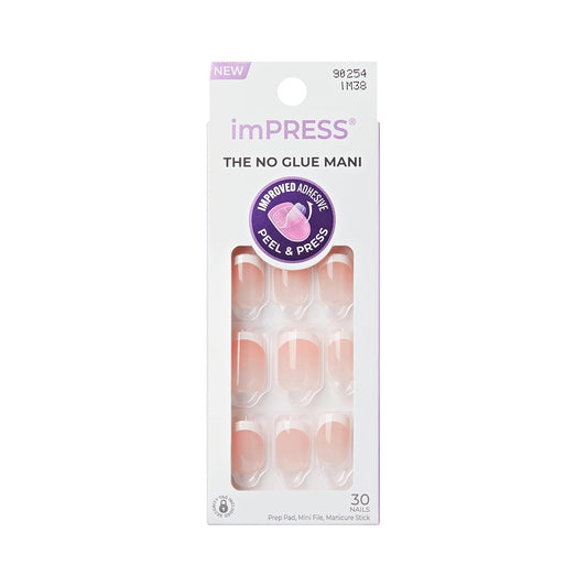 Kiss Impress No Glue Mani Press On Nails, Design, 'Chic French', White, Short Size, Squoval Shape, Includes 30 Nails, Prep Pad, 1 Manicure Stick, 1 Mini File