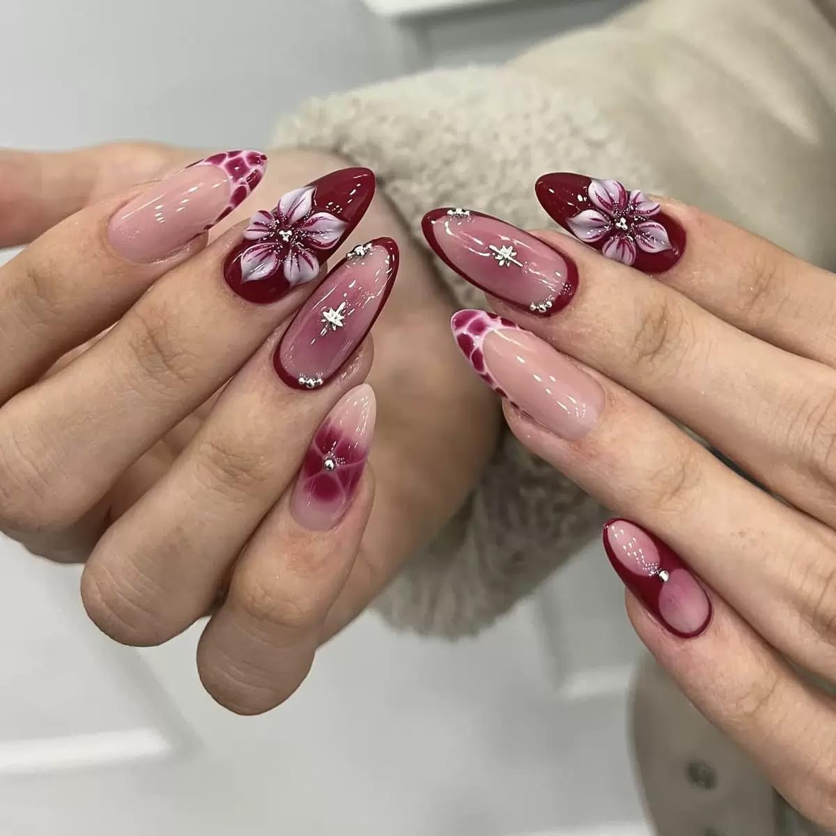 Almond Press on Nails Medium - Fall Fake Nails with Gold Line Design - White Full Cover Stick on False Nails - for Women 24 Pcs