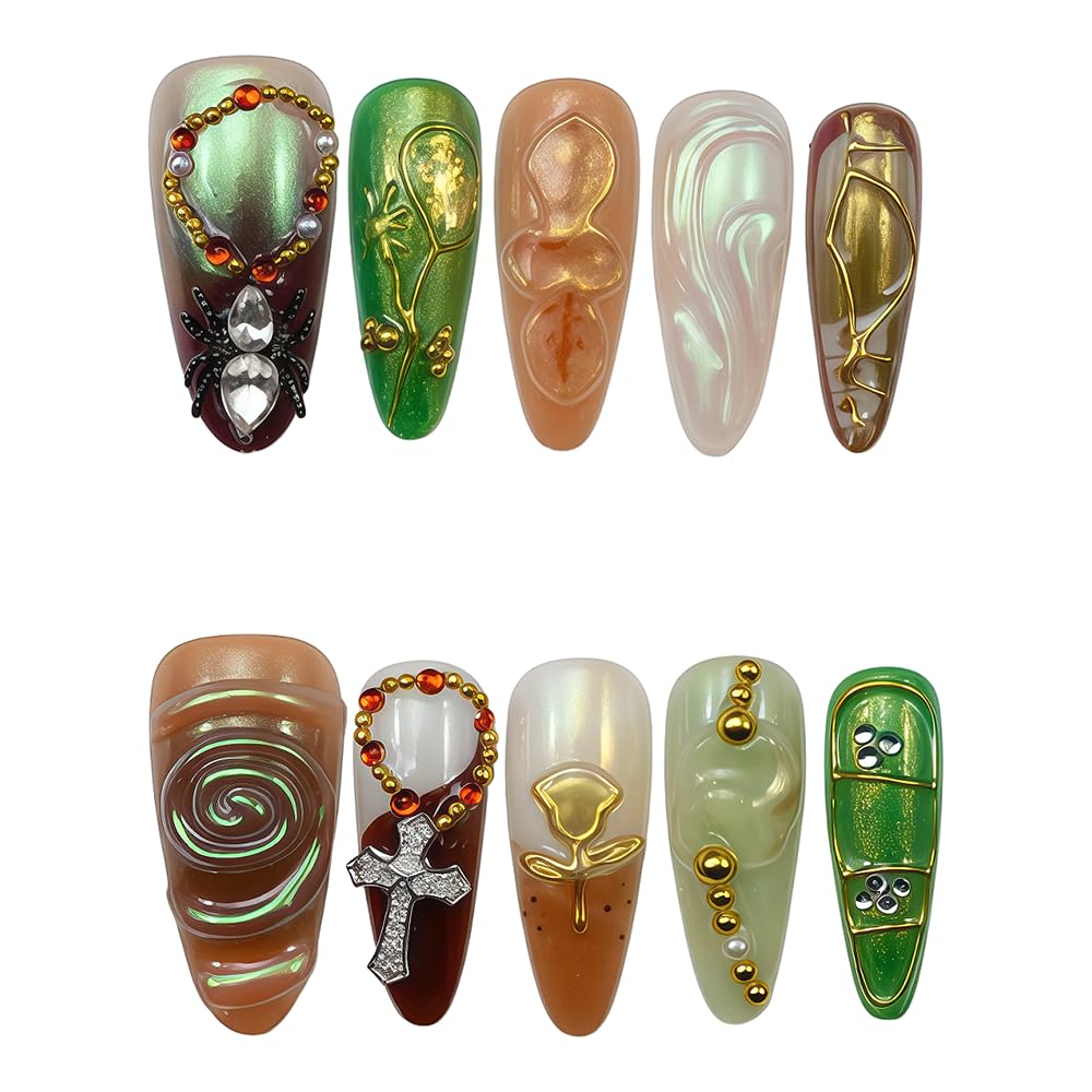 10pcs 3D Metallic Press on Nails Long Almond Handmade, Luxury Ornate Textured False Nails with Gold Silver Chrome Designs, Punk Style Studded Glue on Nails for Women, Gothic Avant-Garde Acrylic Nails