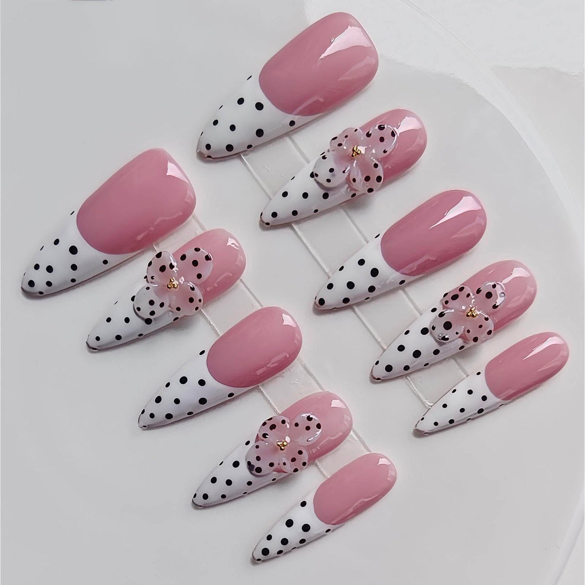 Handmade Press on Acrylic Nails, Almond Long Press Ons with Purple & Nude 3D Swirl Design, Rhinestone & Polka Dot Accents, Stiletto Glue on False Nails Y2K M Size -Gleamrain Design 801