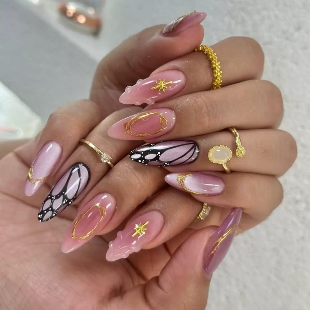 Almond Press on Nails Medium - Fall Fake Nails with Gold Line Design - White Full Cover Stick on False Nails - for Women 24 Pcs