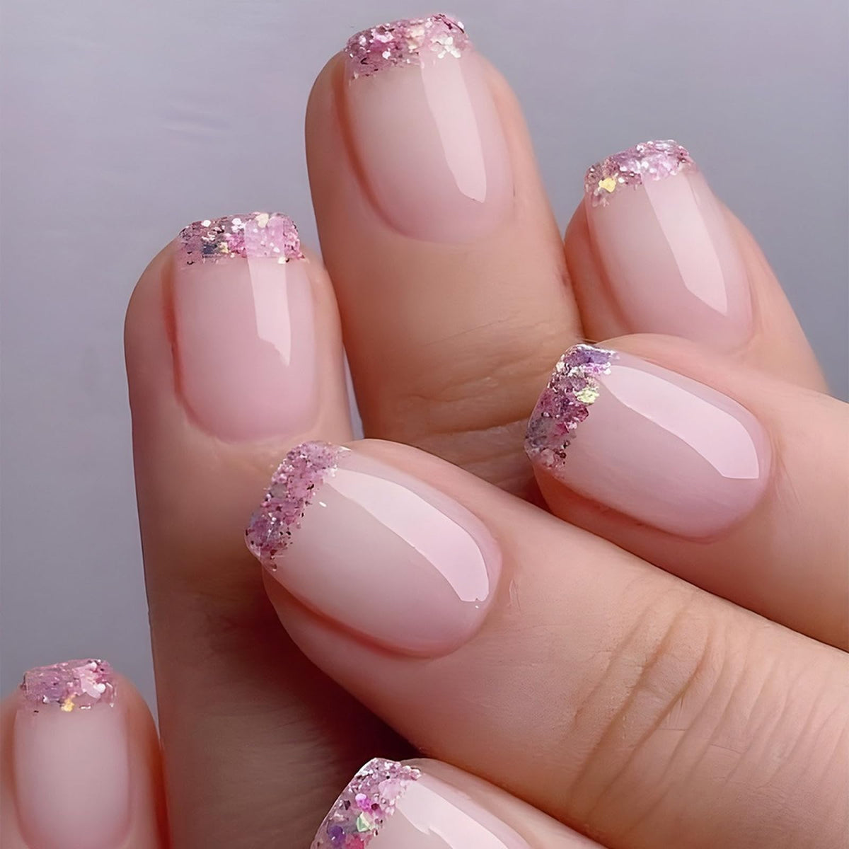 French Tip Press on Nails Glitter Petite Short Square Fake Nails Pink Nude Glossy Design Sparkly False Nails Glue on Nails with Full Cover Acrylic Stick for Women Girls Nail Decorations 24Pcs