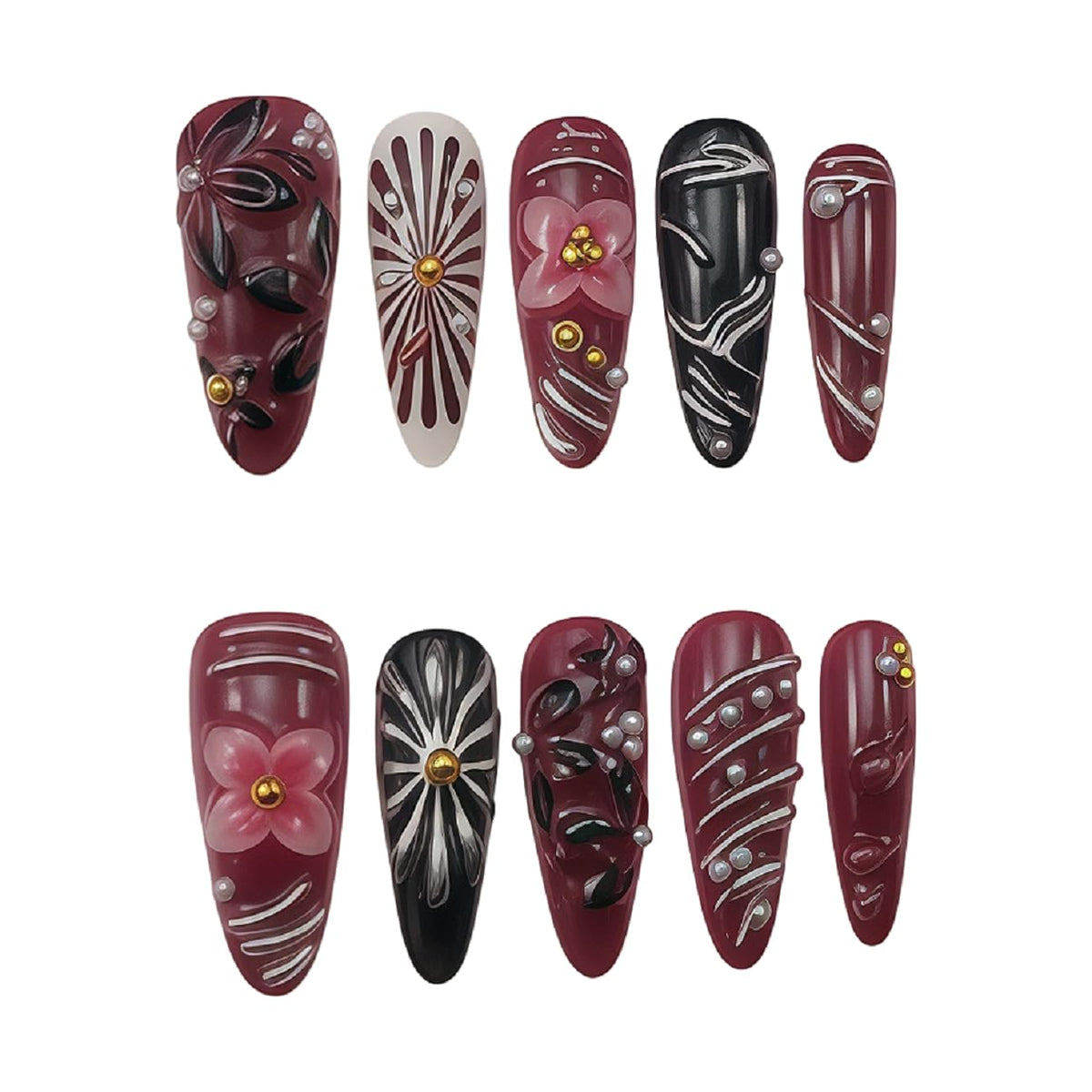 10pcs 3D Metallic Press on Nails Long Almond Handmade, Luxury Ornate Textured False Nails with Gold Silver Chrome Designs, Punk Style Studded Glue on Nails for Women, Gothic Avant-Garde Acrylic Nails