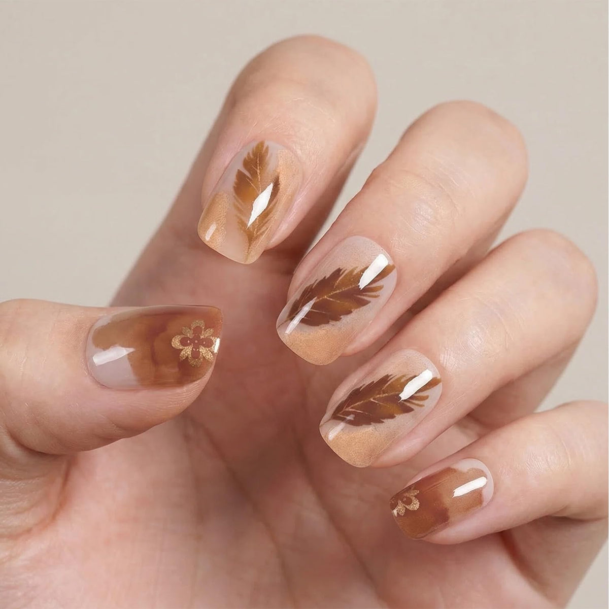 Glossy Nude Gold French Tip Press On Nails Short Almond, 30 PCS