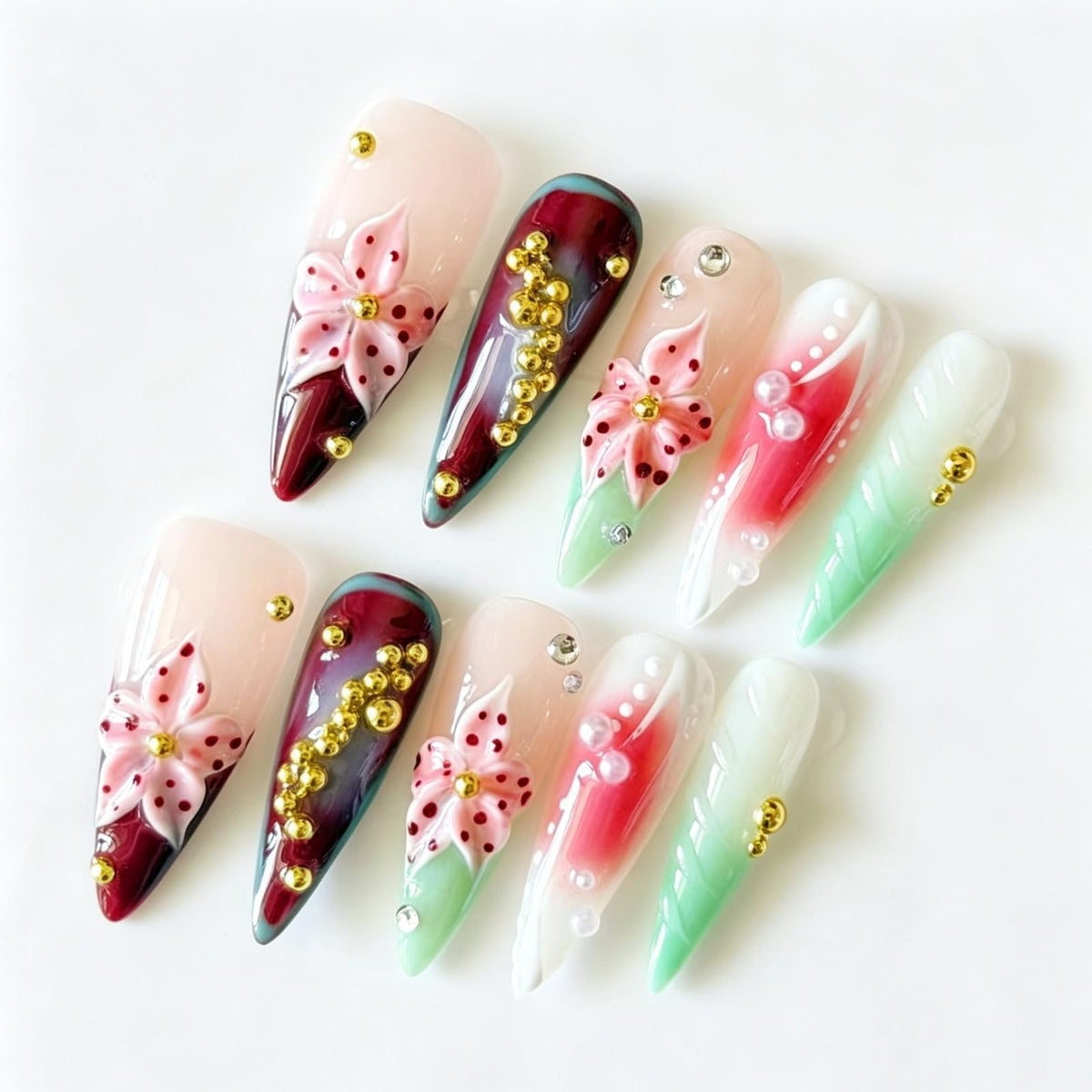 Long Stiletto Press On Nails, Handmade Nude White French False Nails with Gold Rhinestone Decor, Reusable Salon Grade Fake Nails Easy to Wear, 10Pcs M Size for Women