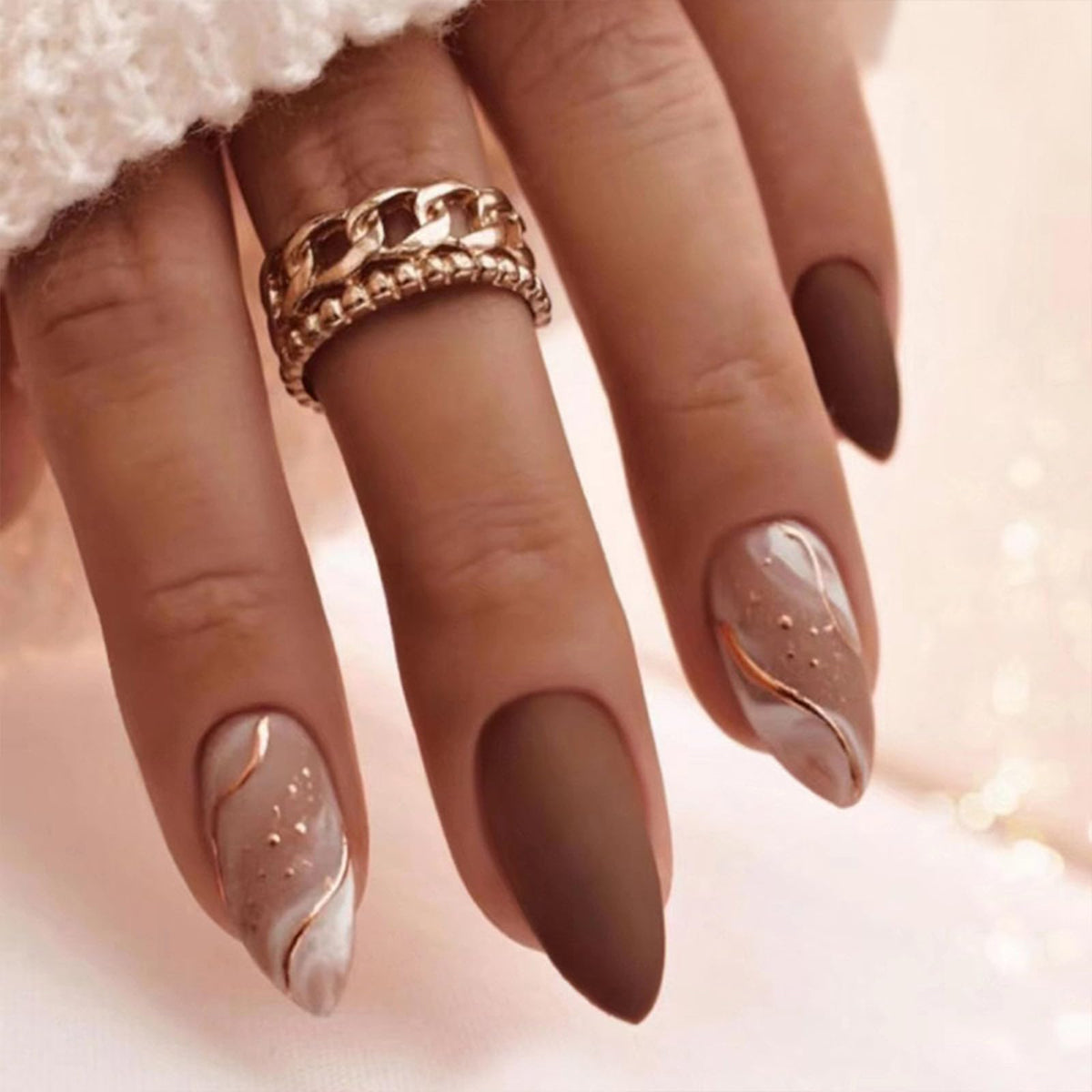 Press On Nails Almond Fake Nails French Tip False Nails Press ons Medium Glue on Nails with Chrome Design for Women Stick on Nail 24Pcs
