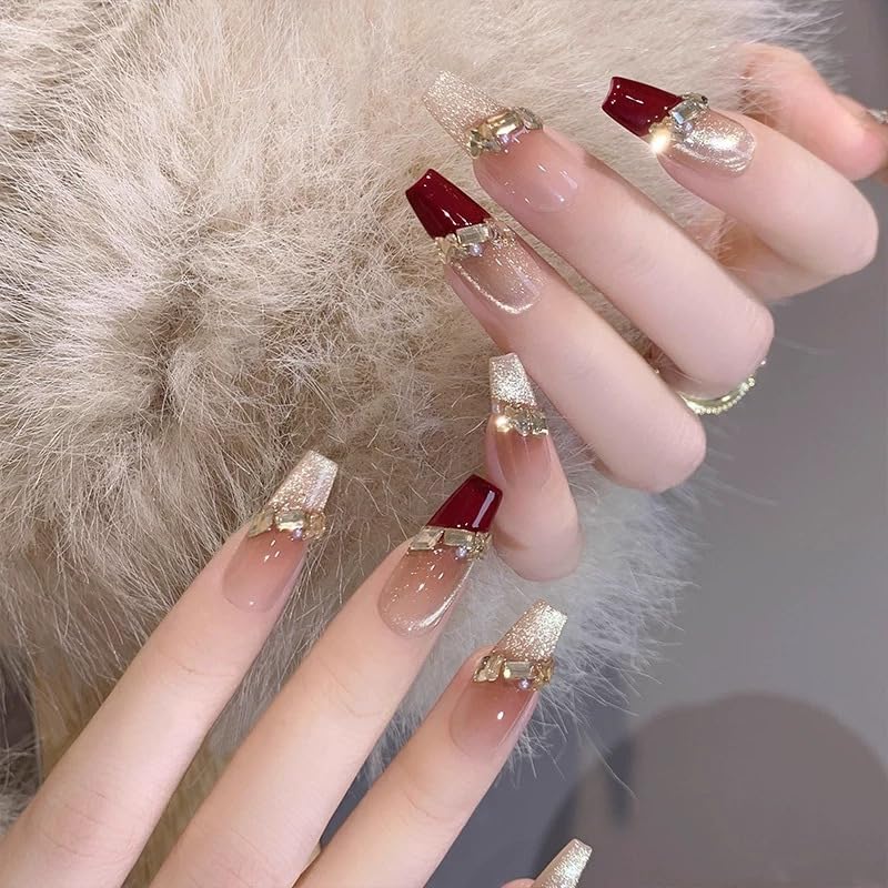 Luxury Handmade Press On Nails, Vintage Bohemian Style, Long Stiletto Shape, Crystal Heart Gems, Gold Stars Design, 10 Pieces (Large, LS)