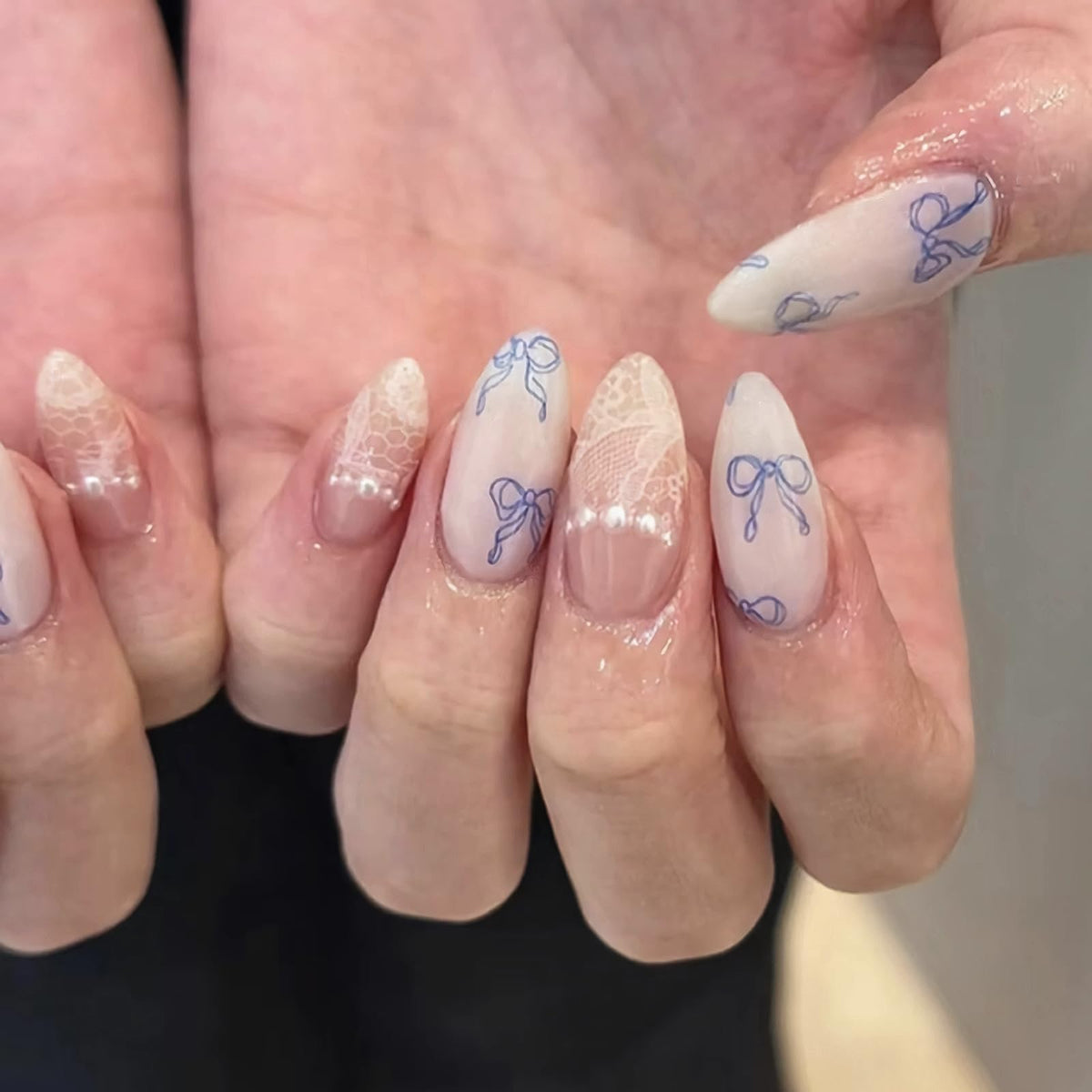 HOSAILY Luxury Press on Nails Medium Almond Rhinestones French Designs Fake Nails, 24PCS Glossy Sparkle Colorful Gems Stick on Nails for Women Party Daily Wear