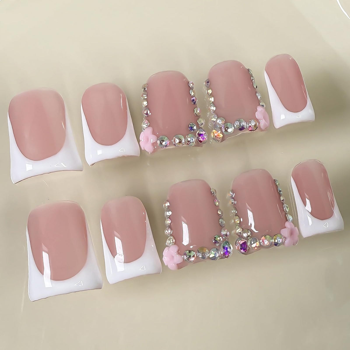 Handmade Press On Nails Short Square Nude 10PCS French Tip Fake Nails with 3D Gold Pearl Charms, Hand Painted Luxury Reusable Stick On Nails for Wedding Bridal Prom(M)