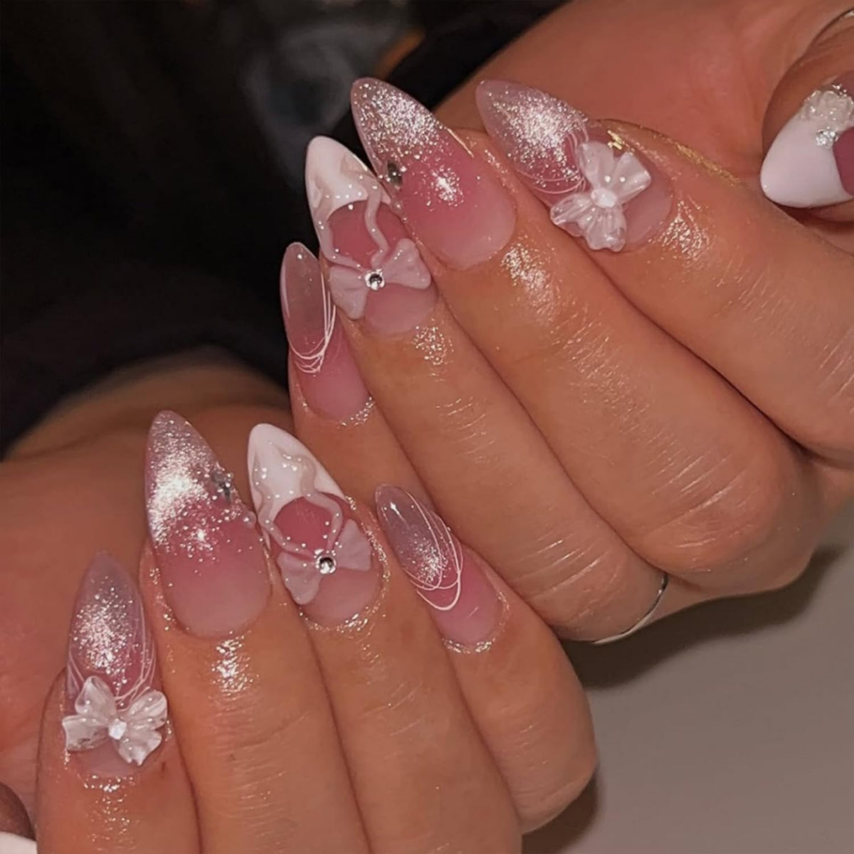Almond Press on Nails Pink Glitter Bridal Designs Medium Fake Nails with 3D Bow Rhinestones Accent Glossy Wedding Manicure for Bride Bridesmaid Women 24 Pcs
