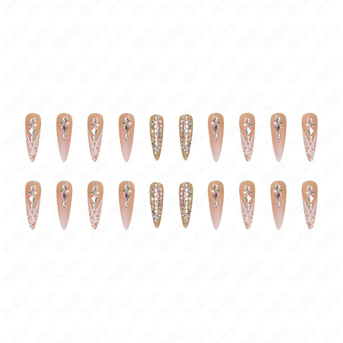 SINHOT Stiletto Press on Nails Long Fake Nails Glossy Glue on Nails Luxury Rhinestones Acrylic Nail White Bling Glitter Almond Artificial Nail Stick on False Nail with Design 24pcs