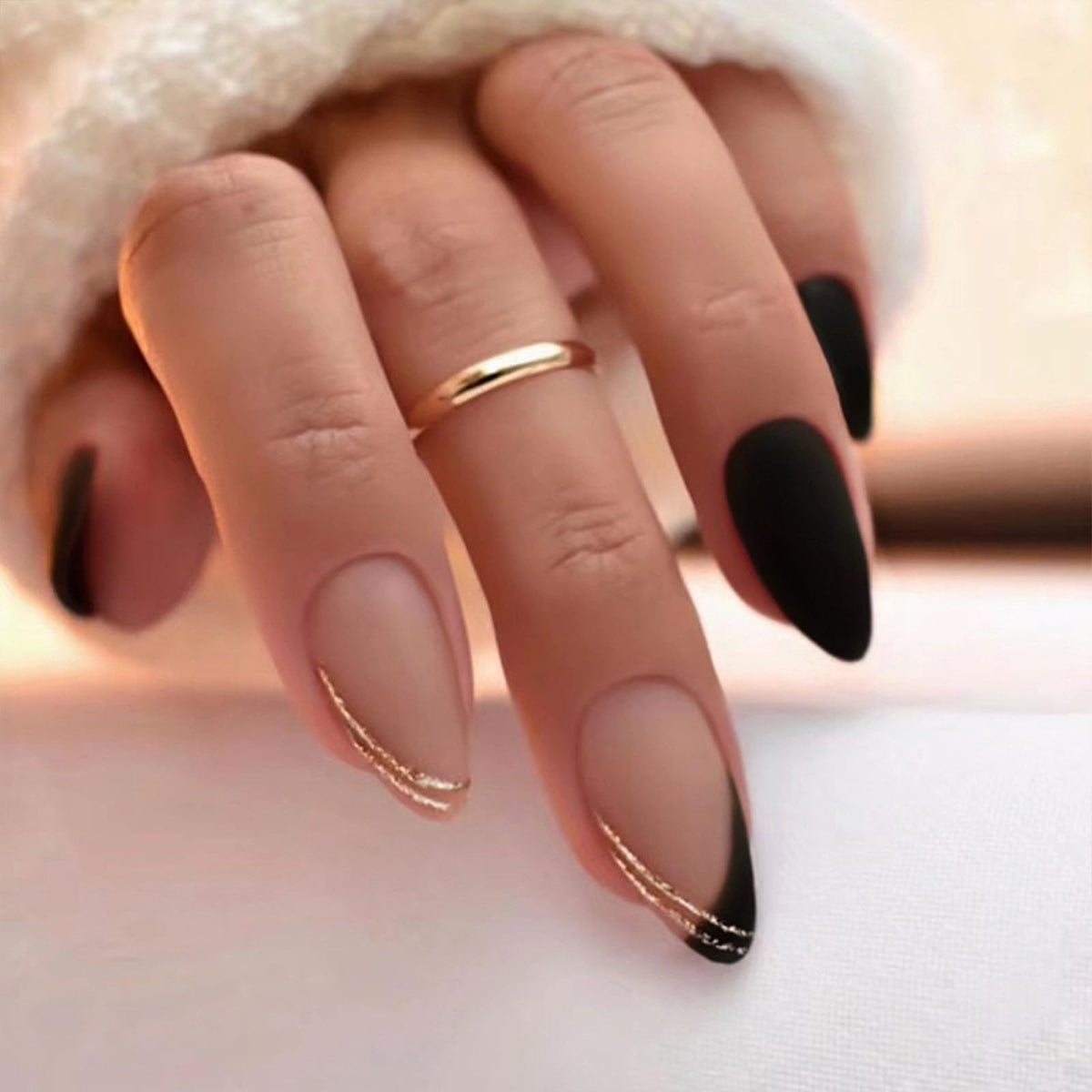 Press On Nails Almond Fake Nails French Tip False Nails Press ons Medium Glue on Nails with Chrome Design for Women Stick on Nail 24Pcs