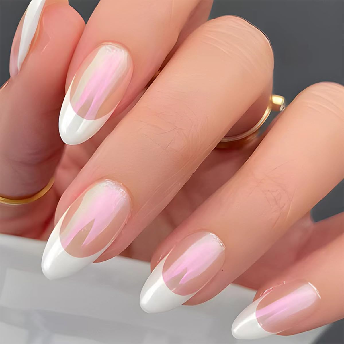 Press On Nails Almond Fake Nails French Tip False Nails Press ons Medium Glue on Nails with Chrome Design for Women Stick on Nail 24Pcs