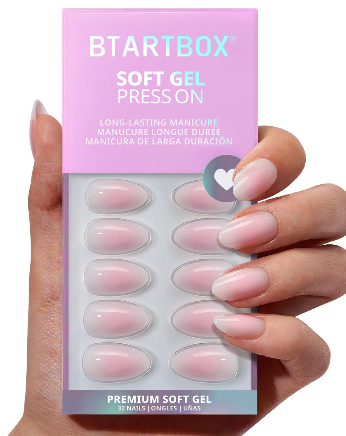 BTArtbox Press On Nails, Short Almond French Tip Nails, 32Pcs Full Kit