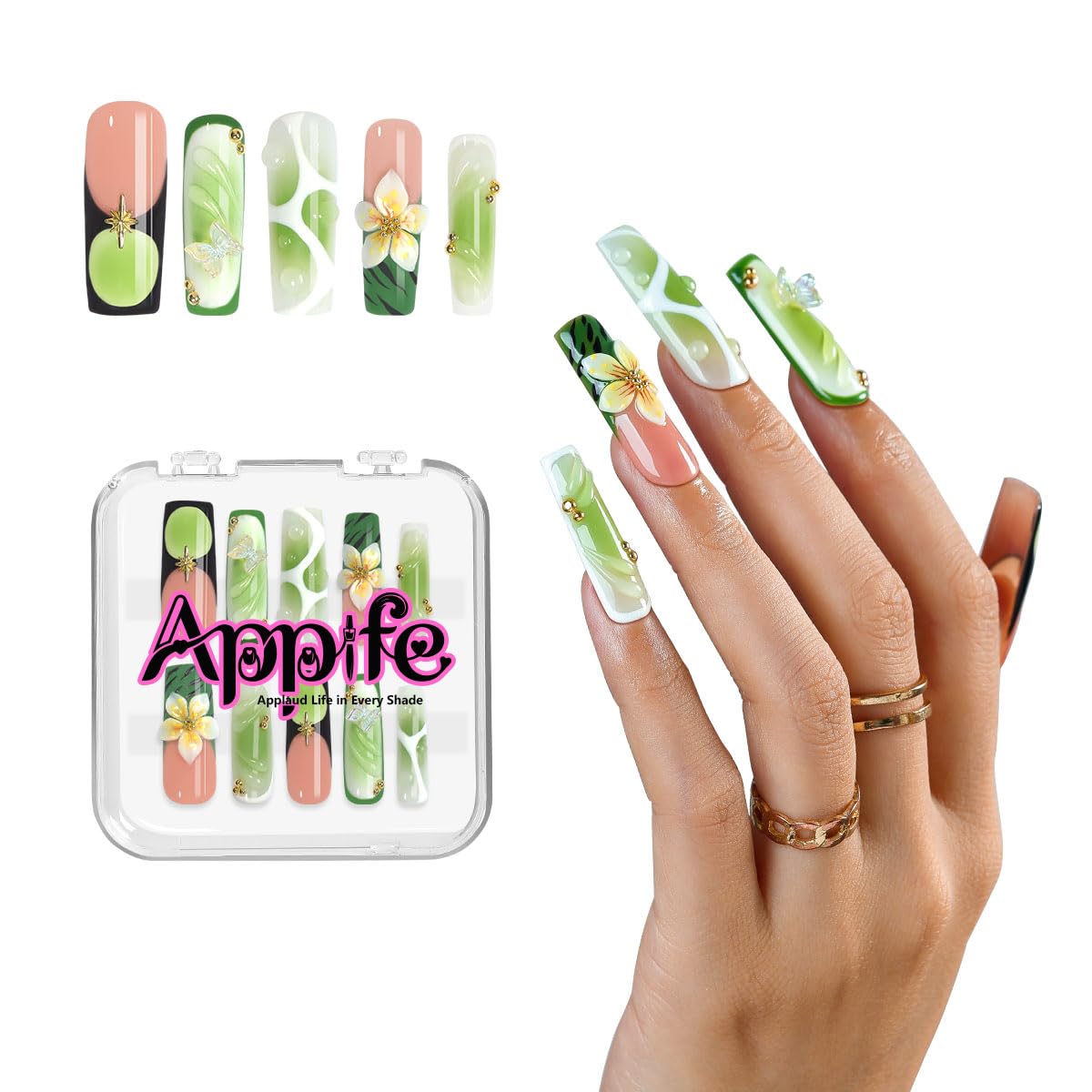 Luxury Baroque Press-On Nails 10pcs, Handmade Long Square Acrylic Nails with Sculpted Gold Relief, Gemstone Heart Charms & Pearl Details, Vintage Green Brown Glossy Design for Statement Style – Appife