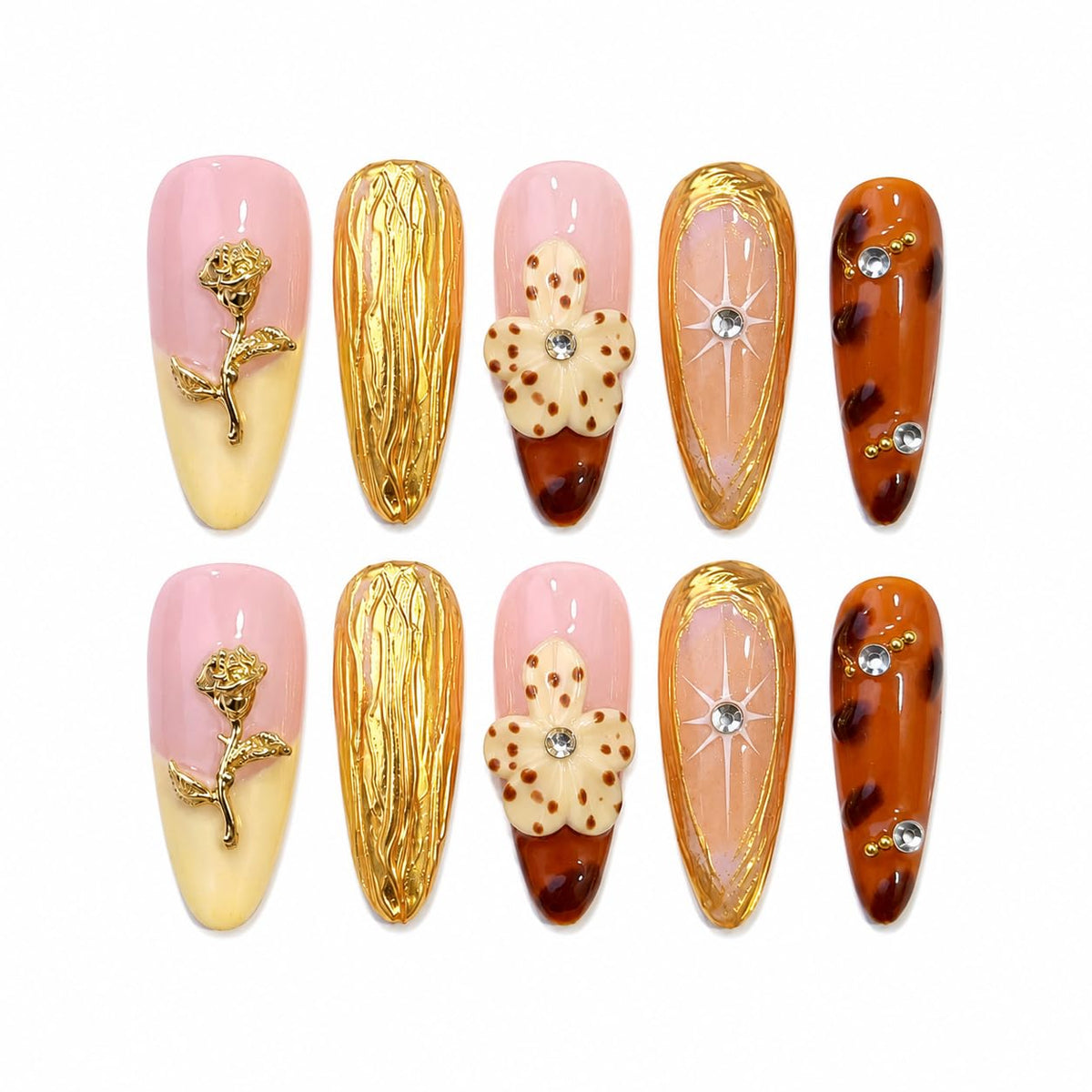 Luxury Handmade Press on Nails Long Stiletto Acrylic Fake Nails with Rhinestone Pearl Designs Glossy Full Cover Reusable Stick on Nails for Women Manicure 10Pcs