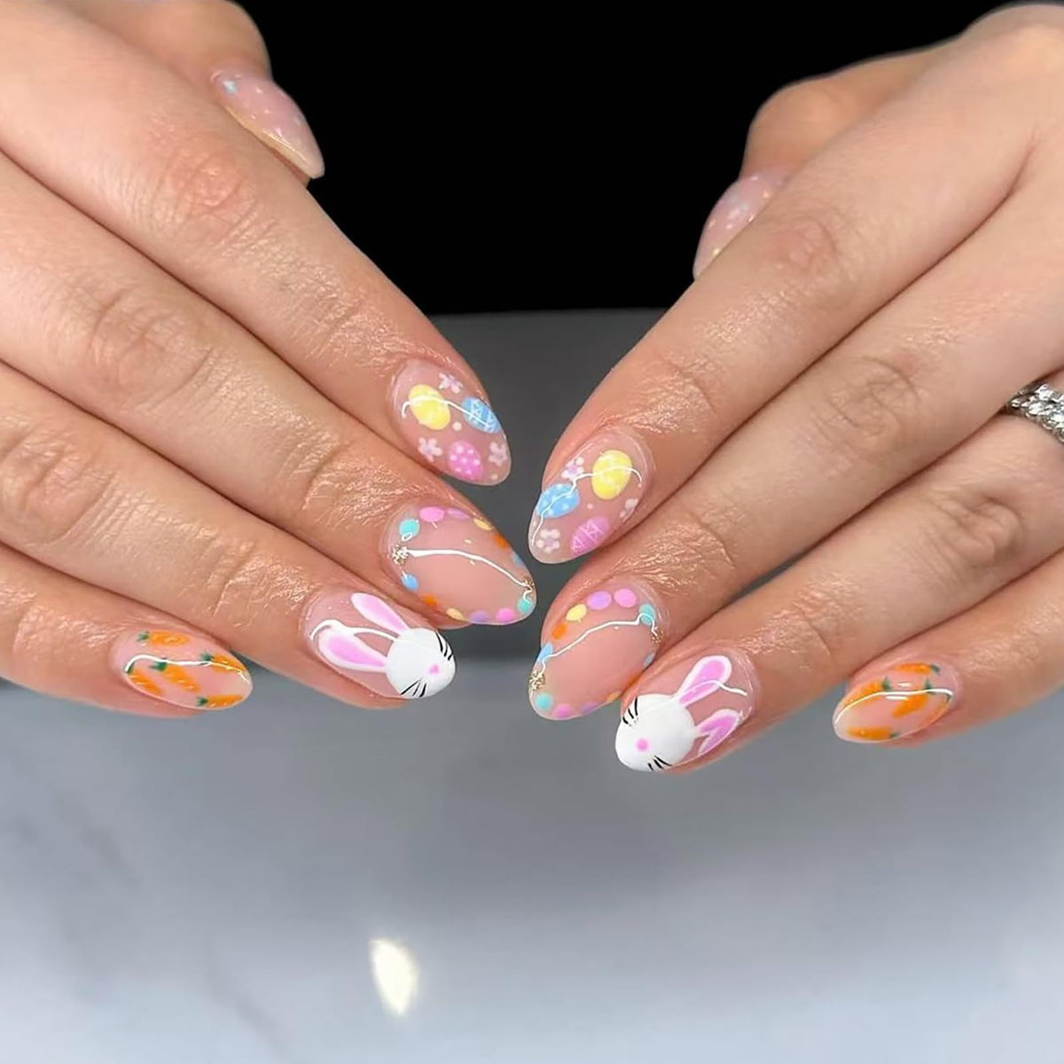 Summer Press on Nails Almond Pink Floral Shell Pearl Gold Dot Fake Women