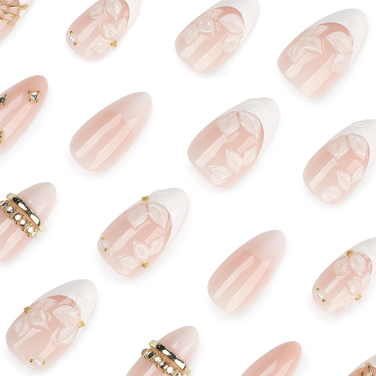 Almond Press on Nails White Flower with Gold Rhinestone Wedding Fake Nails