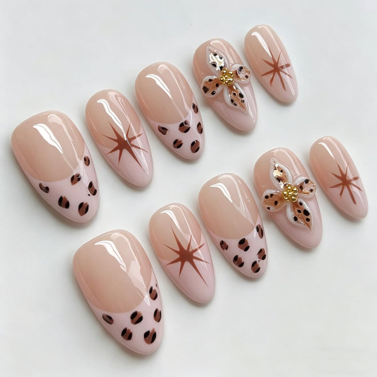 Handmade Almond Press on Nails Medium, Nude White French Tip Fake Nails with 3D White Flower Gold Metal Lines Pearl Decor, Glossy Reusable Full Cover False Nails for Women Wedding Daily(S)