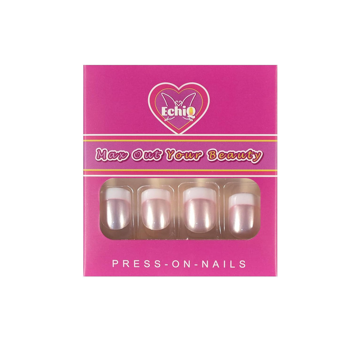 EchiQ Press On Nails Pearl Shine Pink French Nail White Round Fake Nails Short Glossy Satin Artificial Lady Fingernails with Adhesive Tabs