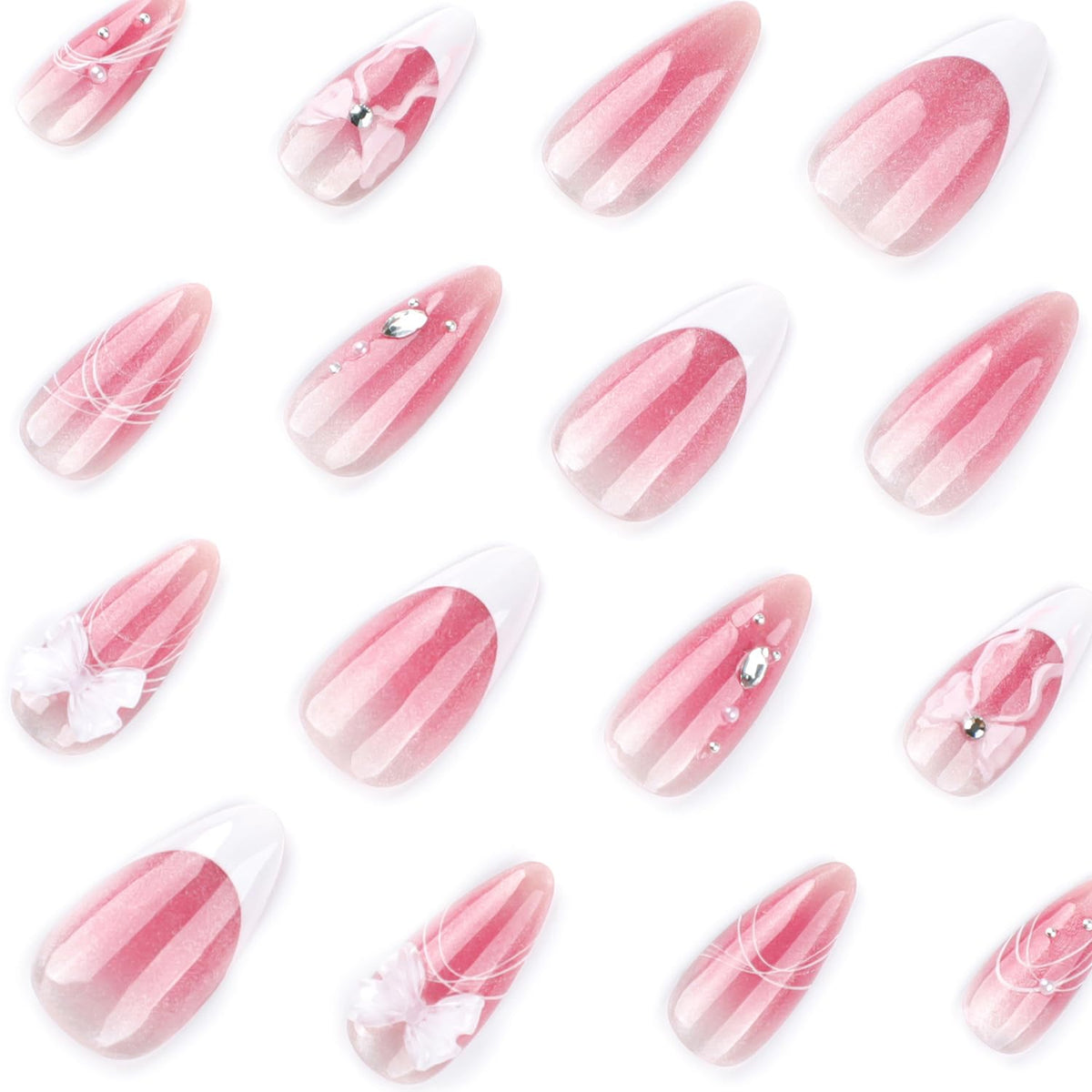 Almond Press on Nails Pink Glitter Bridal Designs Medium Fake Nails with 3D Bow Rhinestones Accent Glossy Wedding Manicure for Bride Bridesmaid Women 24 Pcs