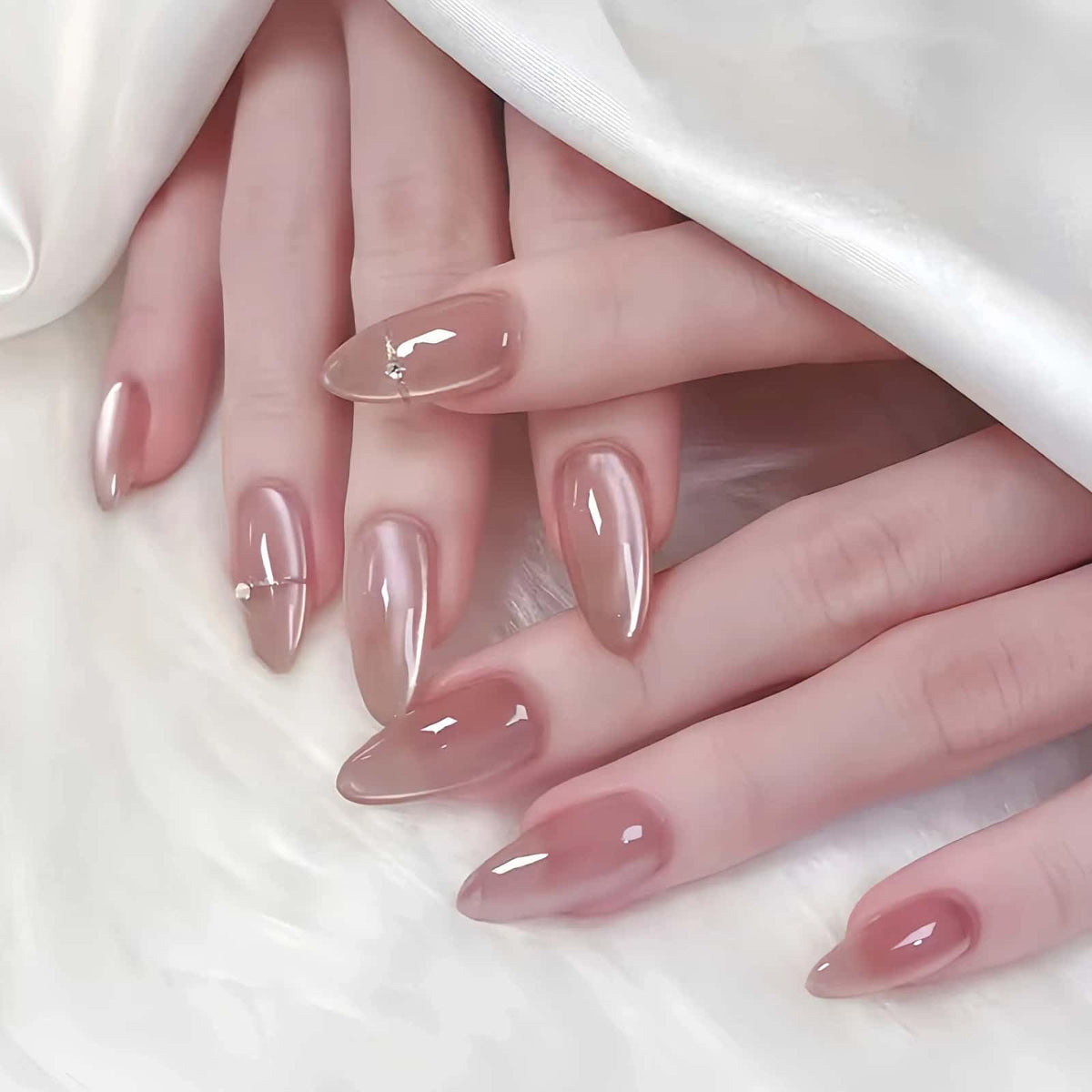 Lace Print Short Almond Press On Nails with 3D Rhinestones 24Pcs