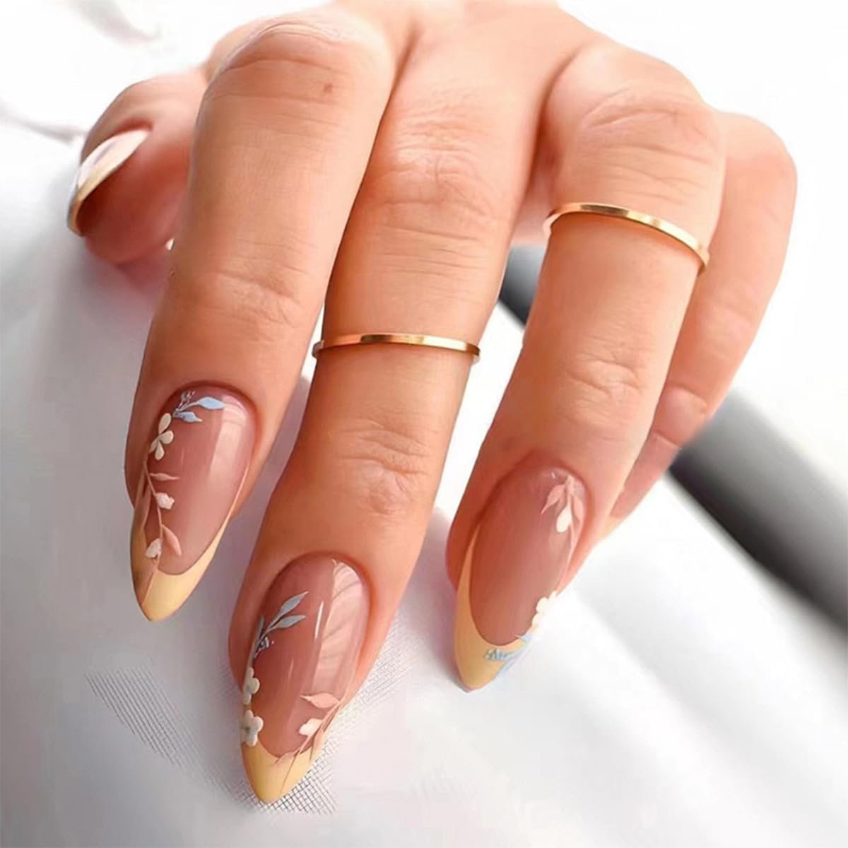 Press On Nails Almond Fake Nails French Tip False Nails Press ons Medium Glue on Nails with Chrome Design for Women Stick on Nail 24Pcs