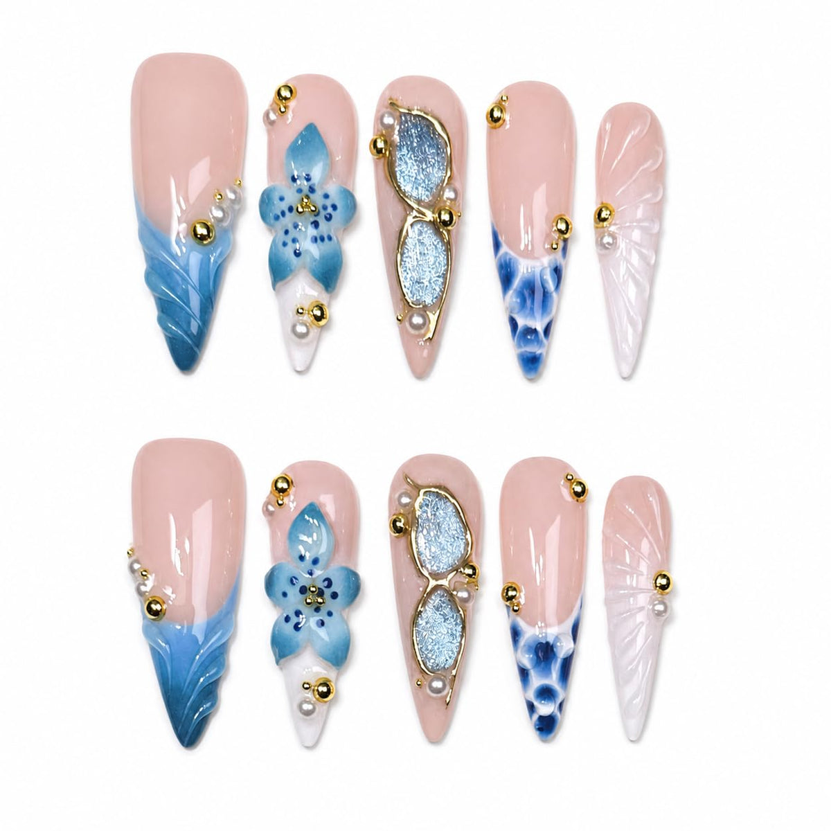Long Stiletto Handmade Press on Nails 3D White Flower Charm 10Pcs Size M