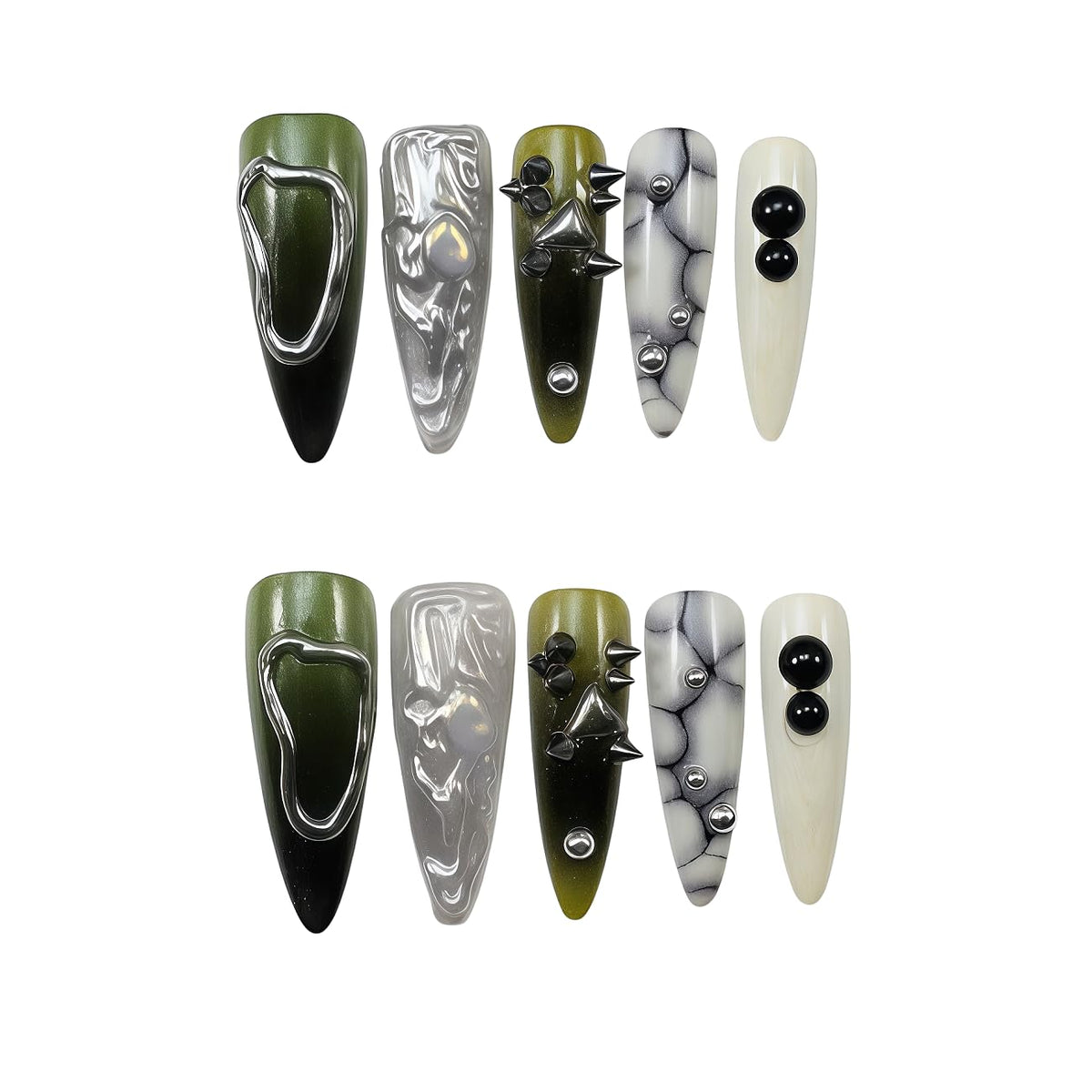 10pcs 3D Metallic Press on Nails Long Almond Handmade, Luxury Ornate Textured False Nails with Gold Silver Chrome Designs, Punk Style Studded Glue on Nails for Women, Gothic Avant-Garde Acrylic Nails