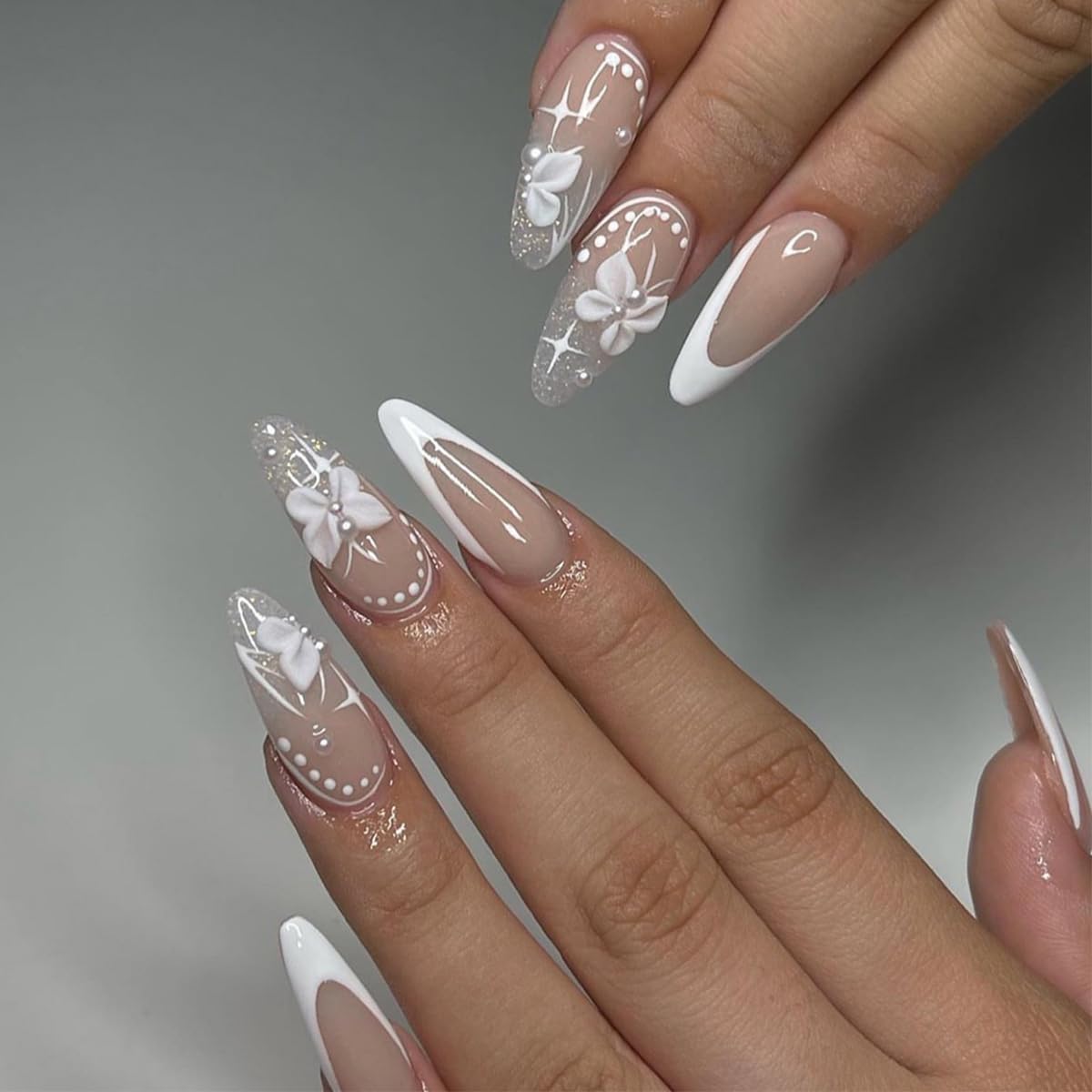 Minimal Luxury Gold Wave Press On Nails Medium Almond, PUNSOKO Nude Pink Fake Nails with 3D Gold Chrome French Tips, Long Lasting Reusable 24 PCS Acrylic Nails Kit for Women Daily Wear