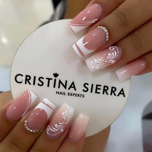 24 Pcs Bling Press on Nails Medium Length With White Flower Glue Glitter Rhinestones Fake Nails Acrylic Ballerina on Nails Press ons Design Coffin French Tip False Nails for Women and Girls
