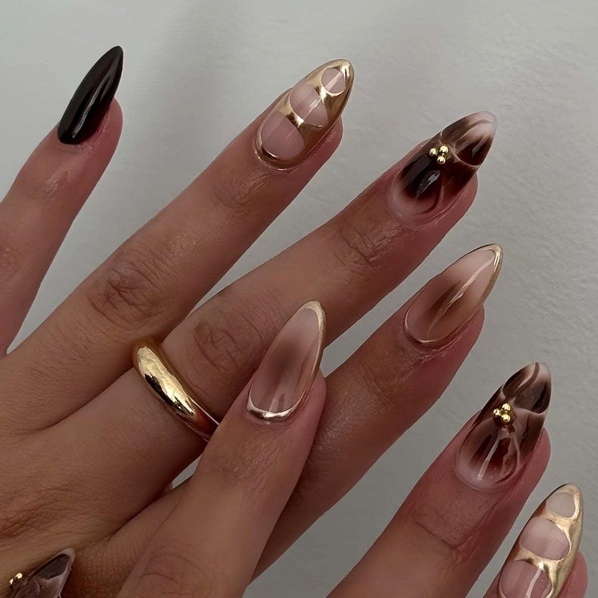 HOSAILY Long Almond Gold Glitter Press On Nails - Luxury French Shimmer Diamond Design, Holiday Party & Wedding False Nail, 24PCS Full Cover Gel Nail for Women- Autumn to New Year’s Elegance