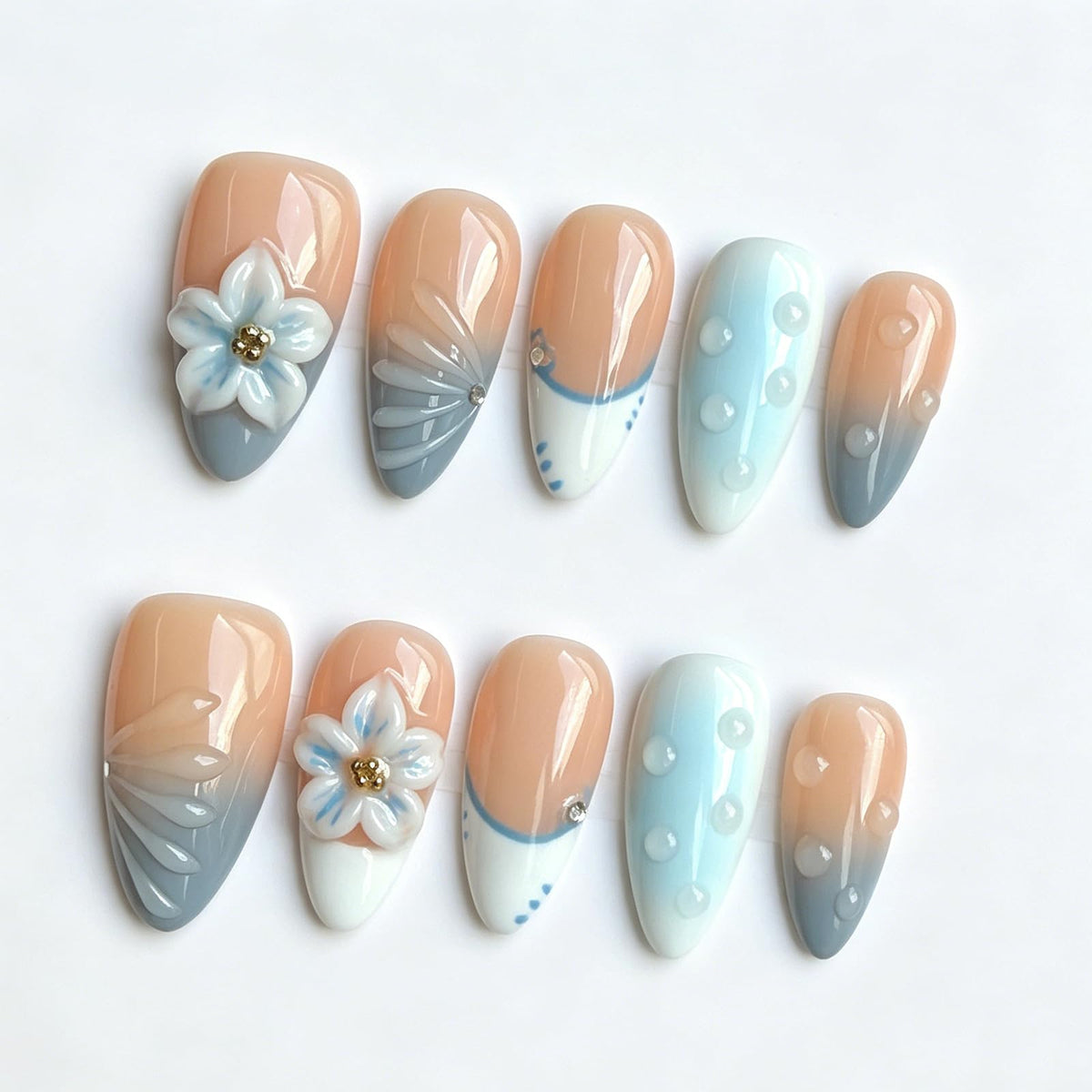 Handmade Press On Nails – Short Almond False Nails for Women, Reusable Acrylic White French Tip with Pearl & 3D Flowers Design – Salon Quality Fake Nails (10PCS Size S)