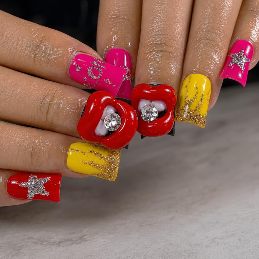 10 Pieces Luxury Acrylic Press On Nails Short Handmade Duck Nails, Pink Thickened False Nails, Rhinestone And 3D Red Lips, Reusable Fake Nails, Acrylic Nails (L)
