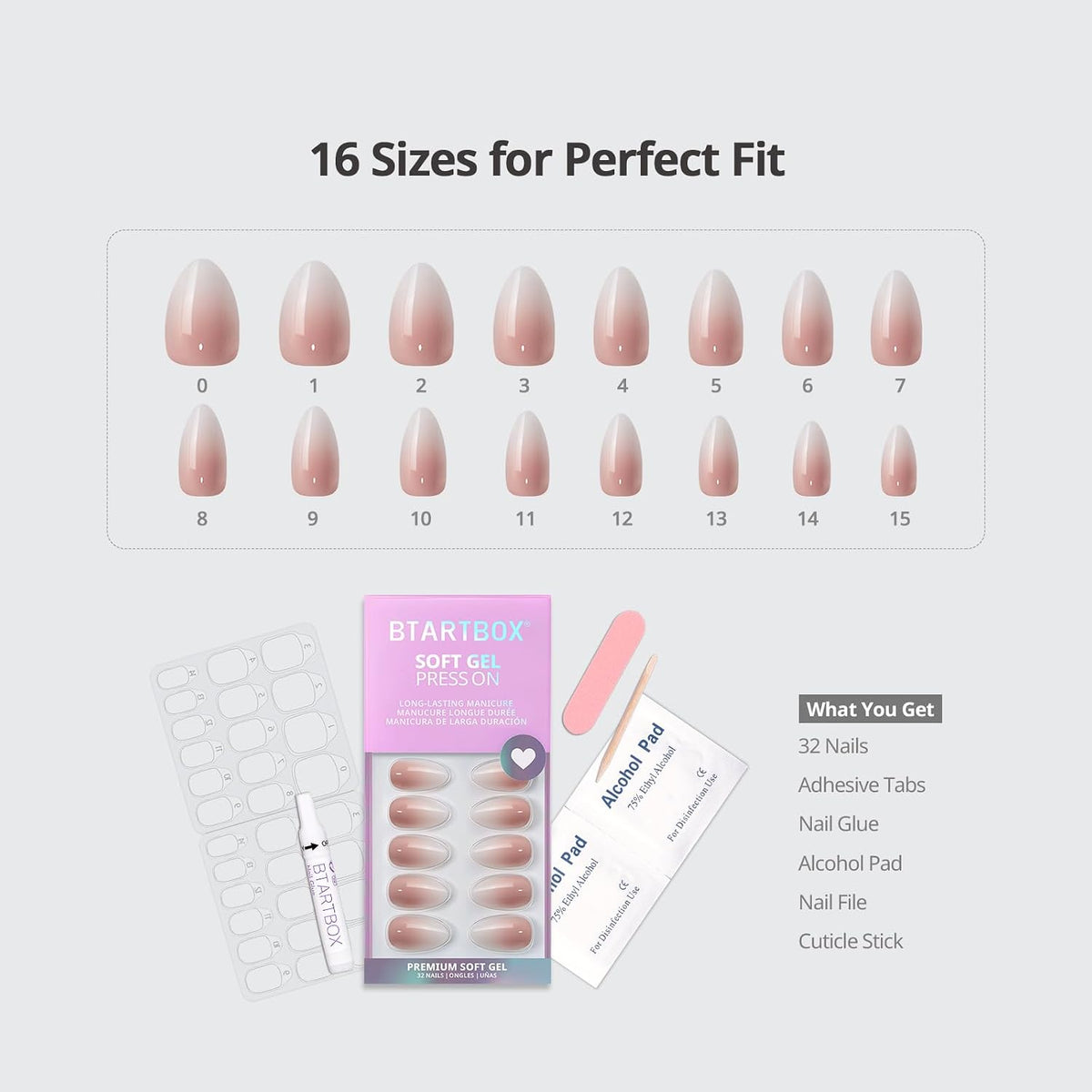 BTArtbox Press On Nails, Short Almond Pink Fake Nails, 32Pcs Full Kit