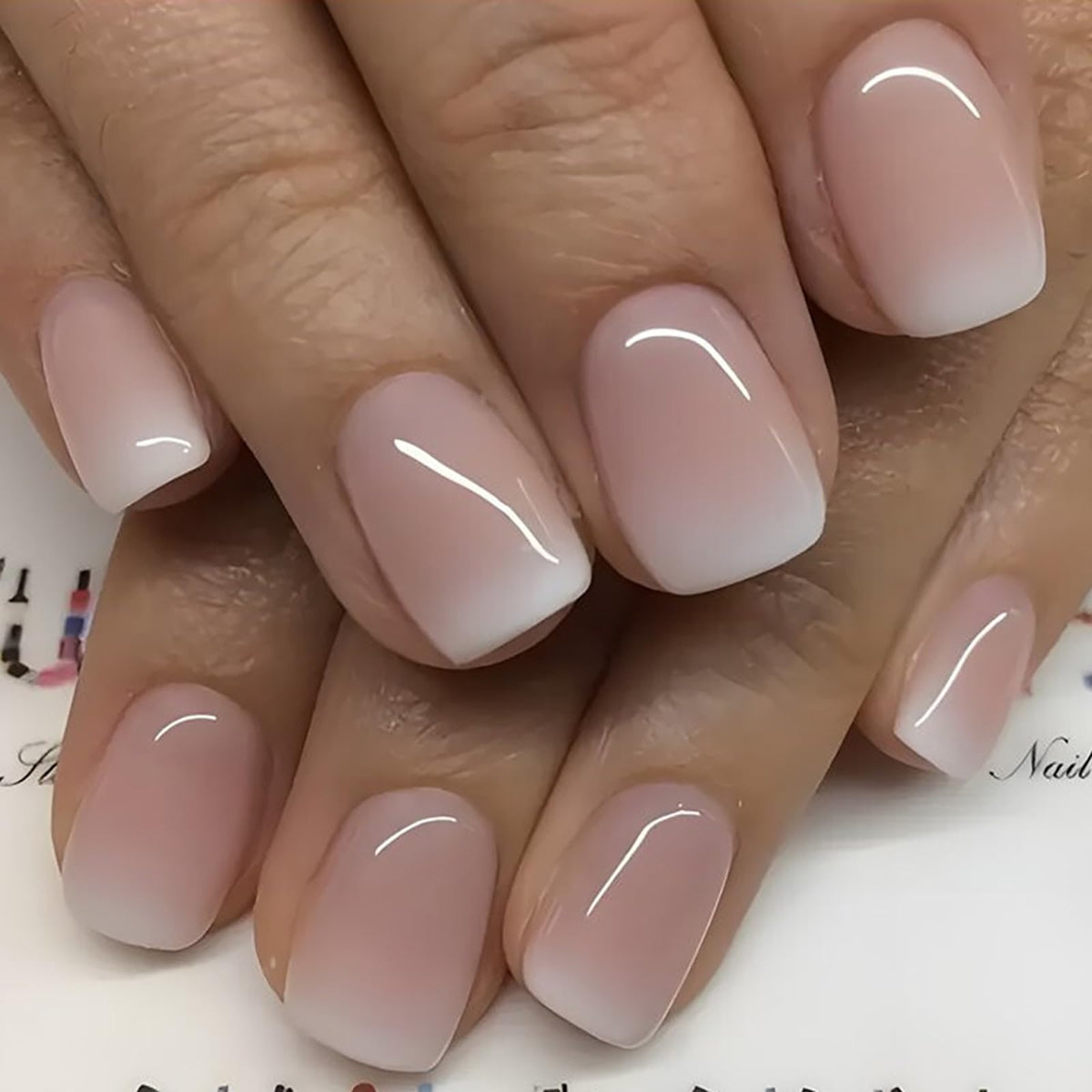 French Tip Press on Nails Glitter Petite Short Square Fake Nails Pink Nude Glossy Design Sparkly False Nails Glue on Nails with Full Cover Acrylic Stick for Women Girls Nail Decorations 24Pcs