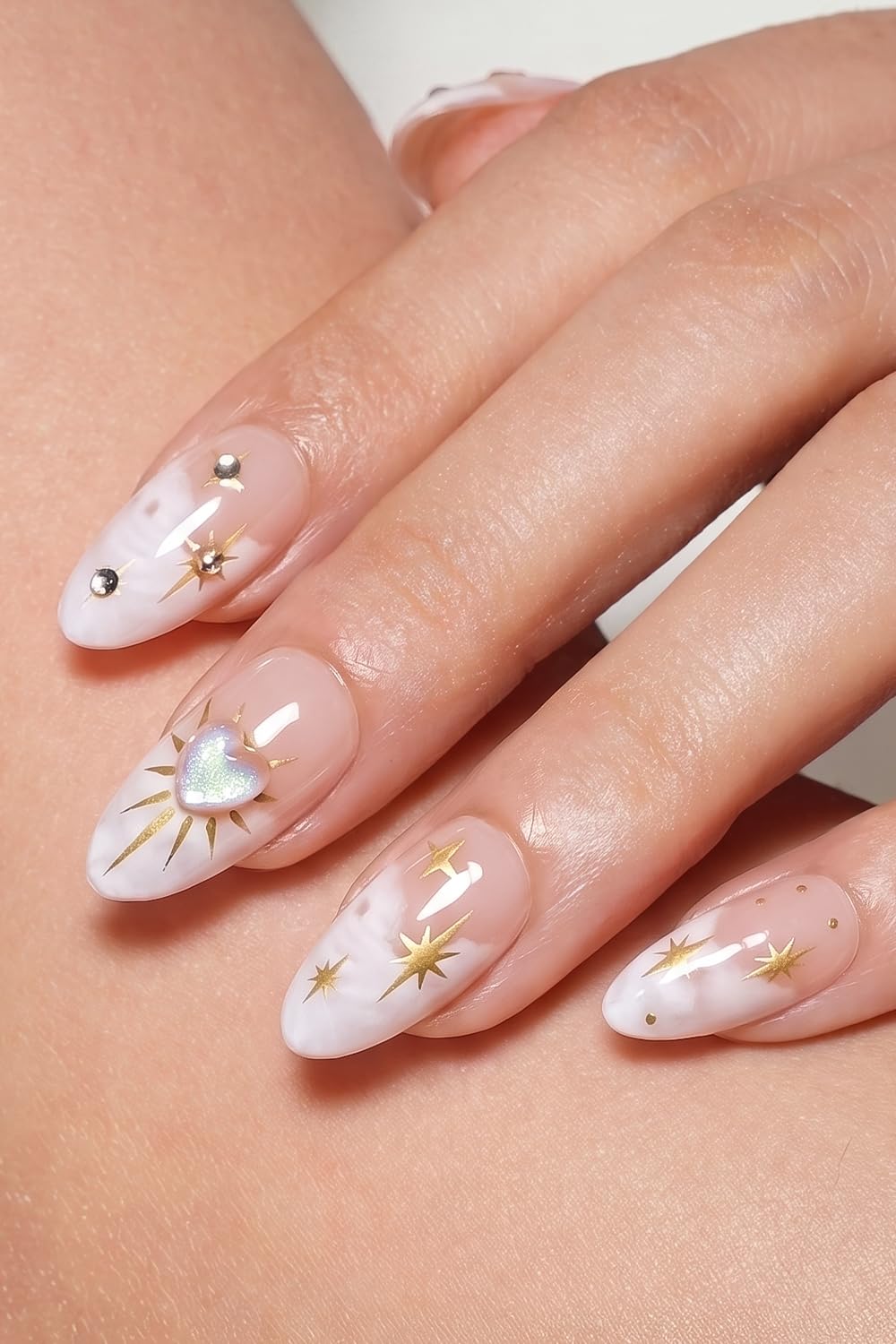 AzureBeauty Short Almond French Tip Press On Nails, Glazed Donut, 32 Pcs