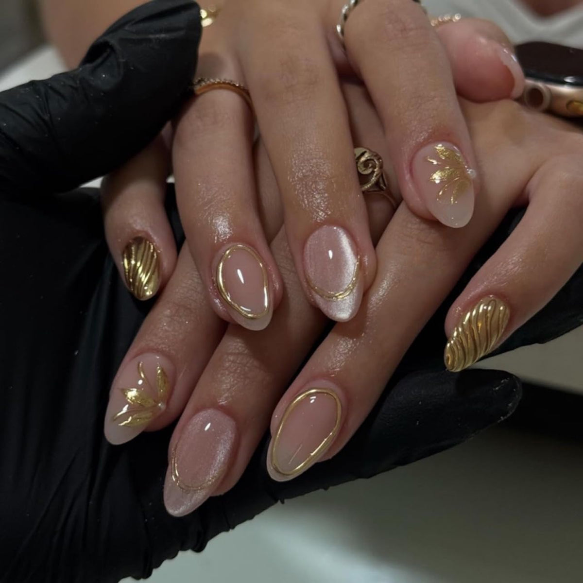 Almond Press on Nails Medium - Fall Fake Nails with Gold Line Design - White Full Cover Stick on False Nails - for Women 24 Pcs