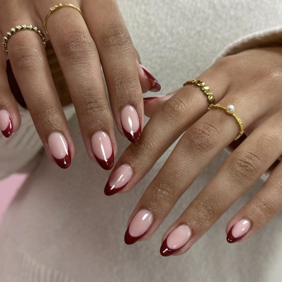 Almond Press on Nails Medium - Fall Fake Nails with Gold Line Design - White Full Cover Stick on False Nails - for Women 24 Pcs
