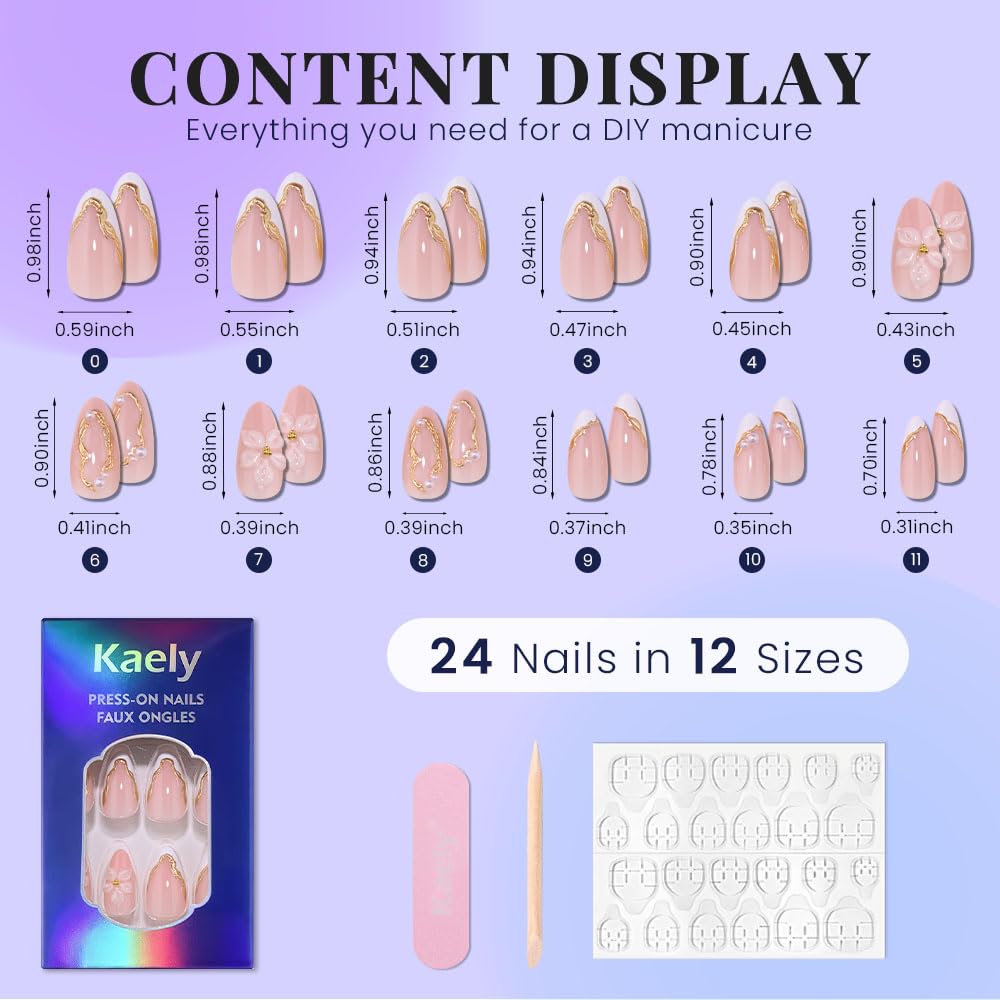 White French Tips Press on Nails, Irregular Gold 3D Lines with Flower & Pearl Design, Reusable Salon Quality Acrylic False Nails for Women, Glue On Nails with Adhesive Tabs for Daily Wear