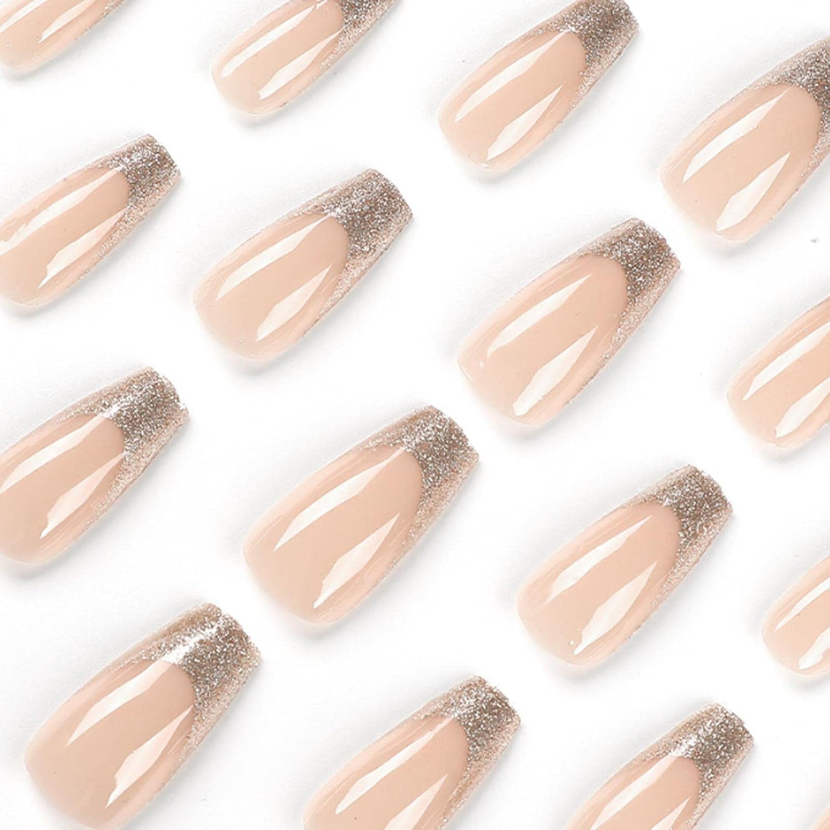 Long Press on Nails Square French Fake Nails Full Cover Nude Acrylic False Nails for Women and Girls 24PCS (Gold Shiny)